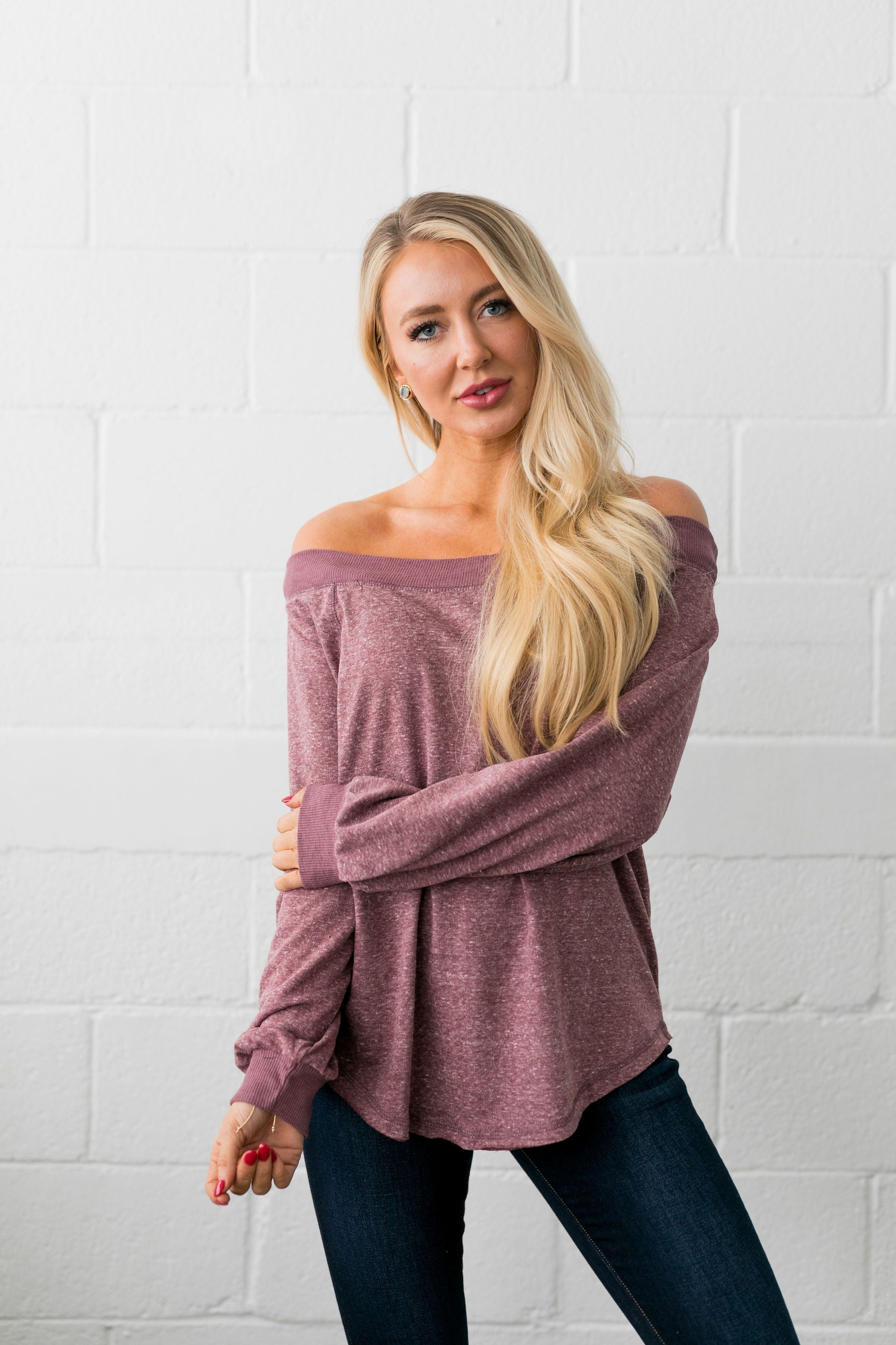 Monica Off The Shoulder Top In Heathered Mauve - ALL SALES FINAL