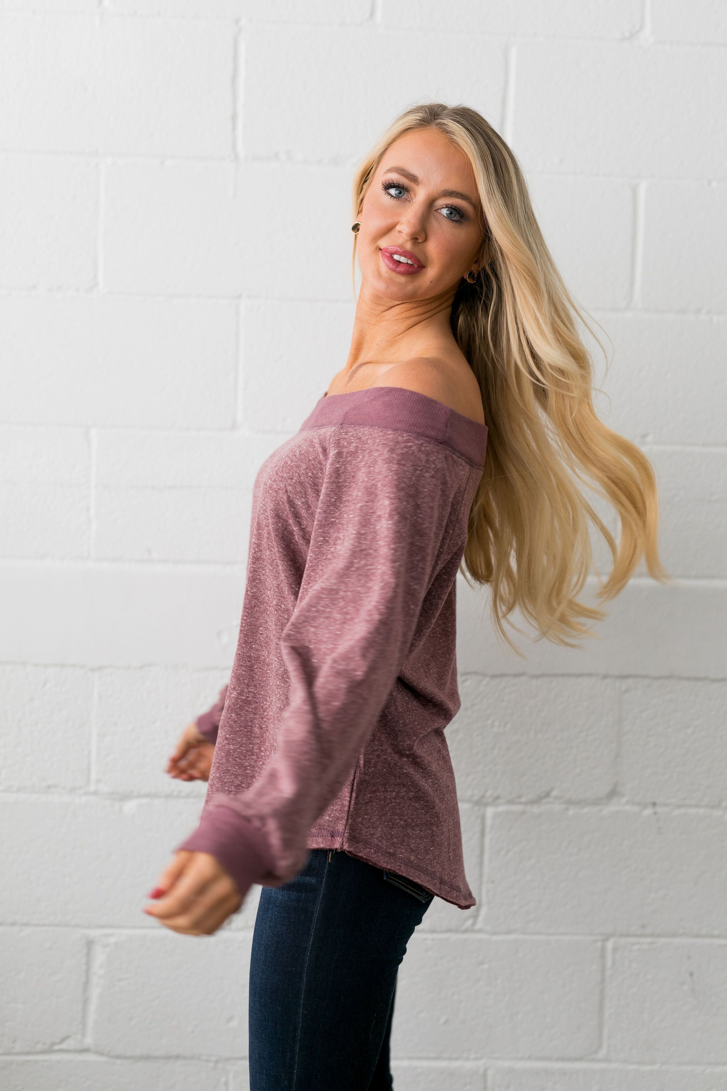 Monica Off The Shoulder Top In Heathered Mauve - ALL SALES FINAL