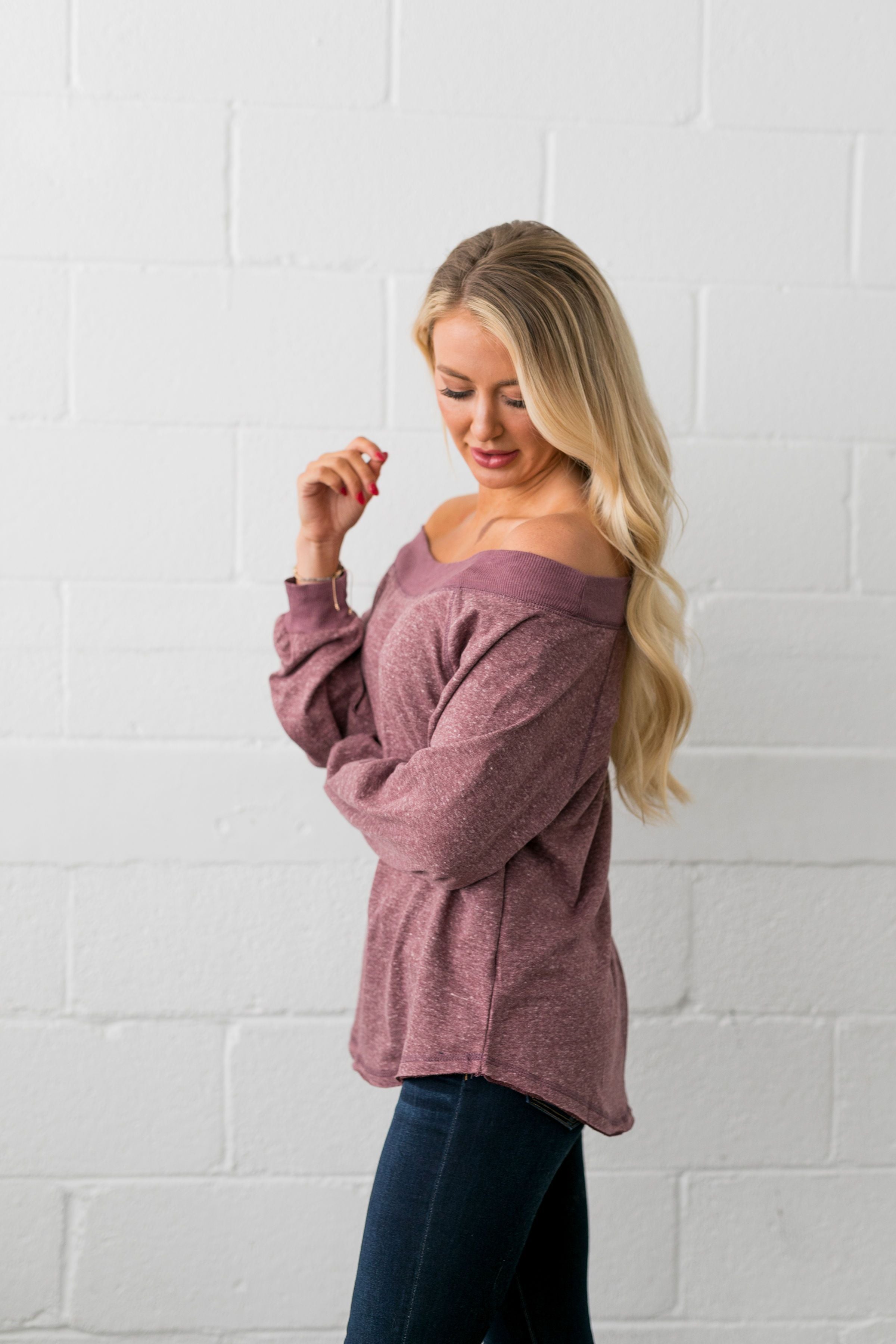 Monica Off The Shoulder Top In Heathered Mauve - ALL SALES FINAL