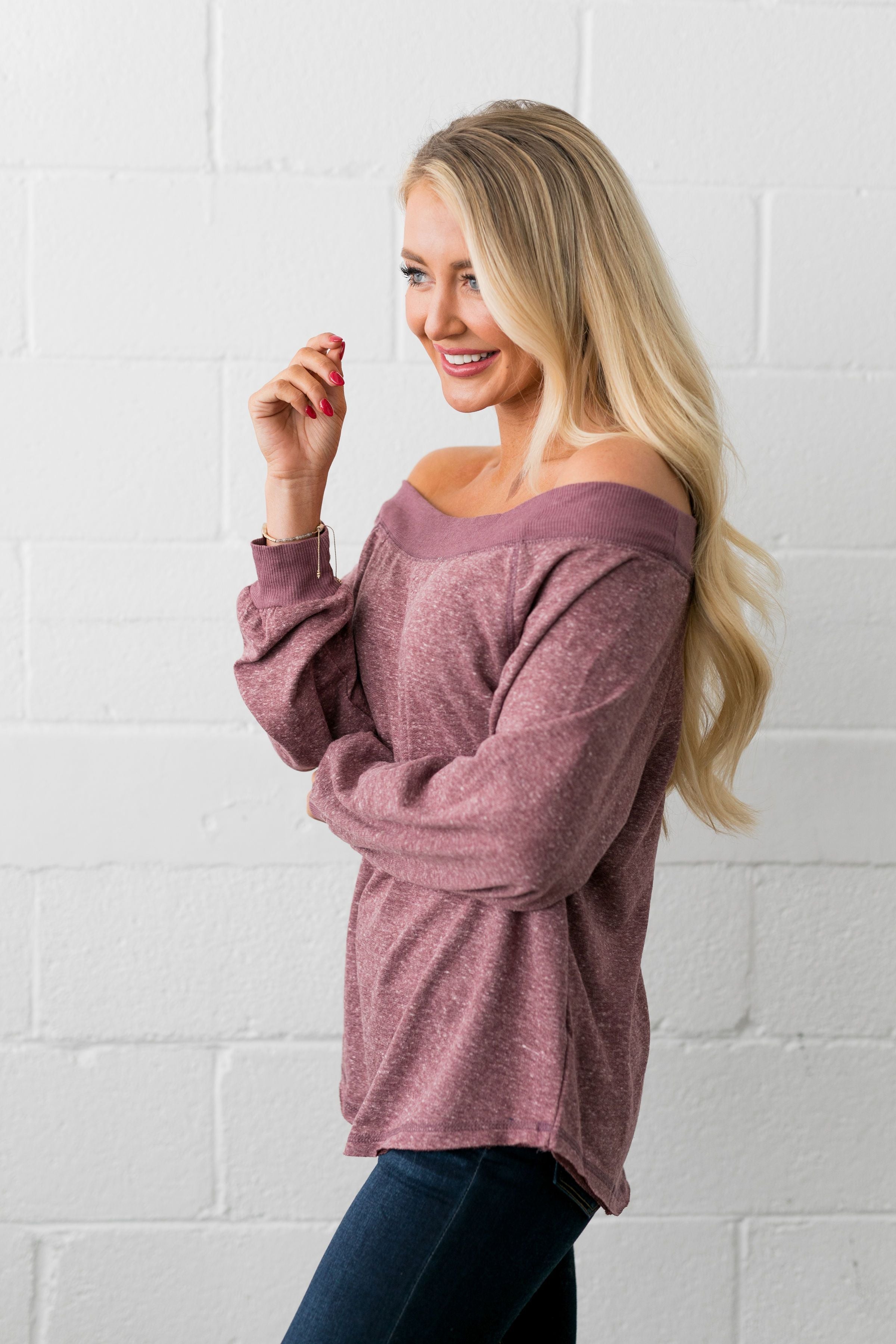 Monica Off The Shoulder Top In Heathered Mauve - ALL SALES FINAL