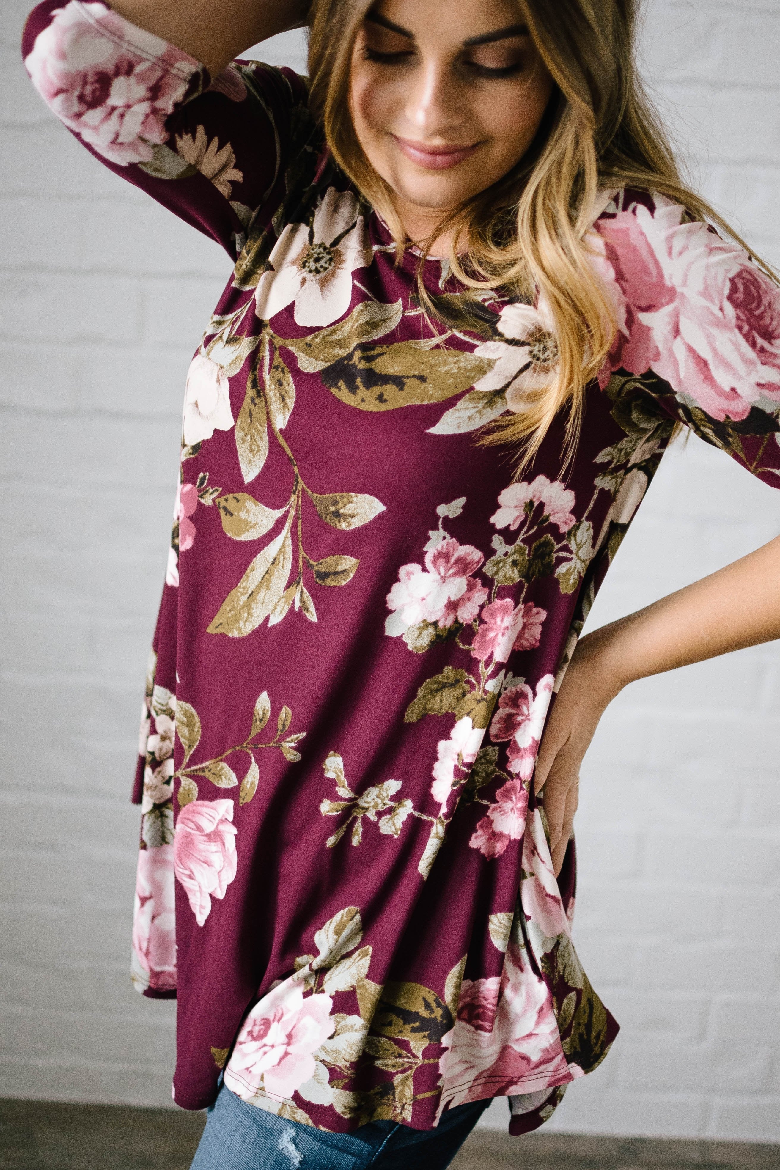 Monroe Floral Swing Blouse in Burgundy