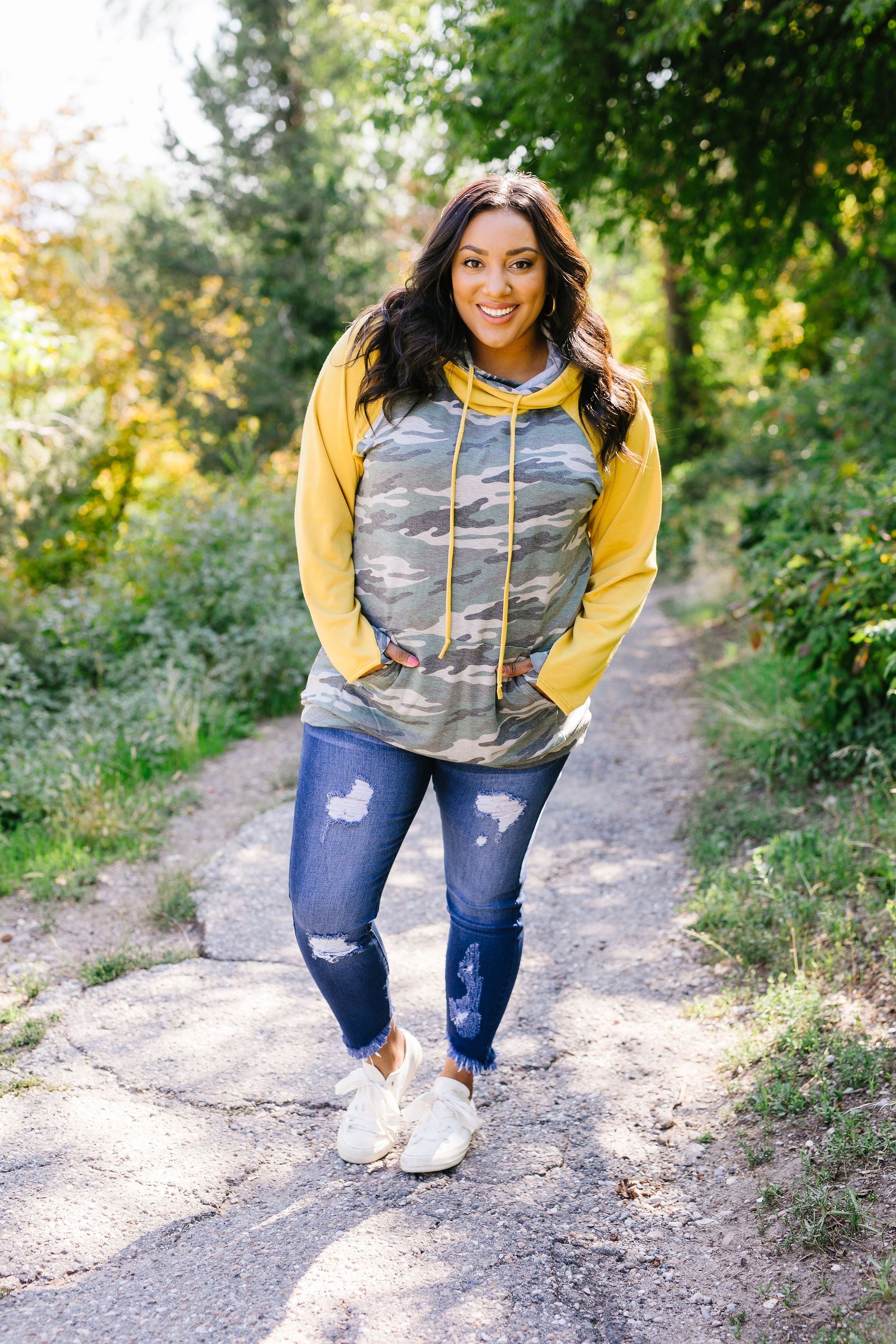 Mustard + Camo Angled Zip Hoodie