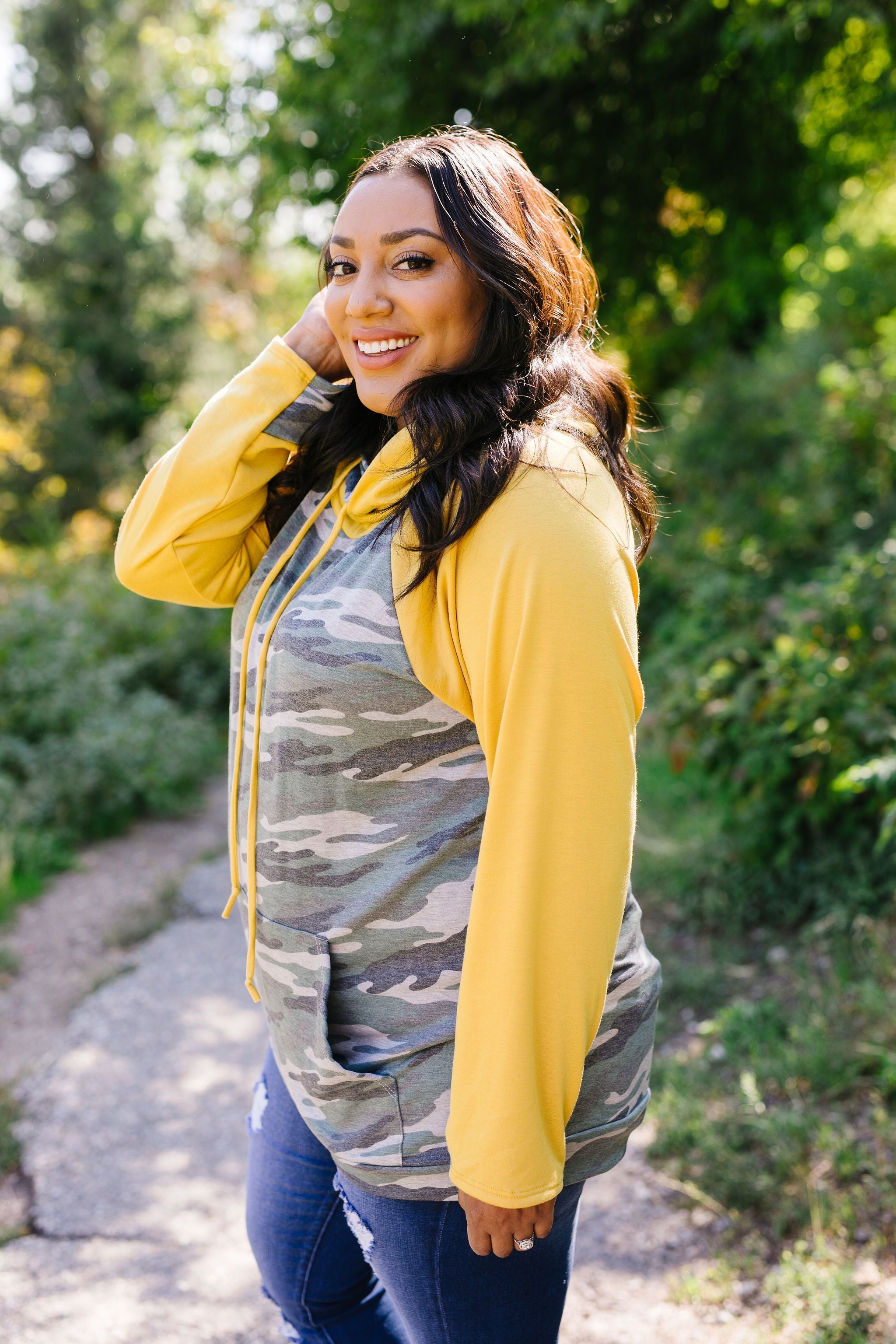 Mustard + Camo Angled Zip Hoodie