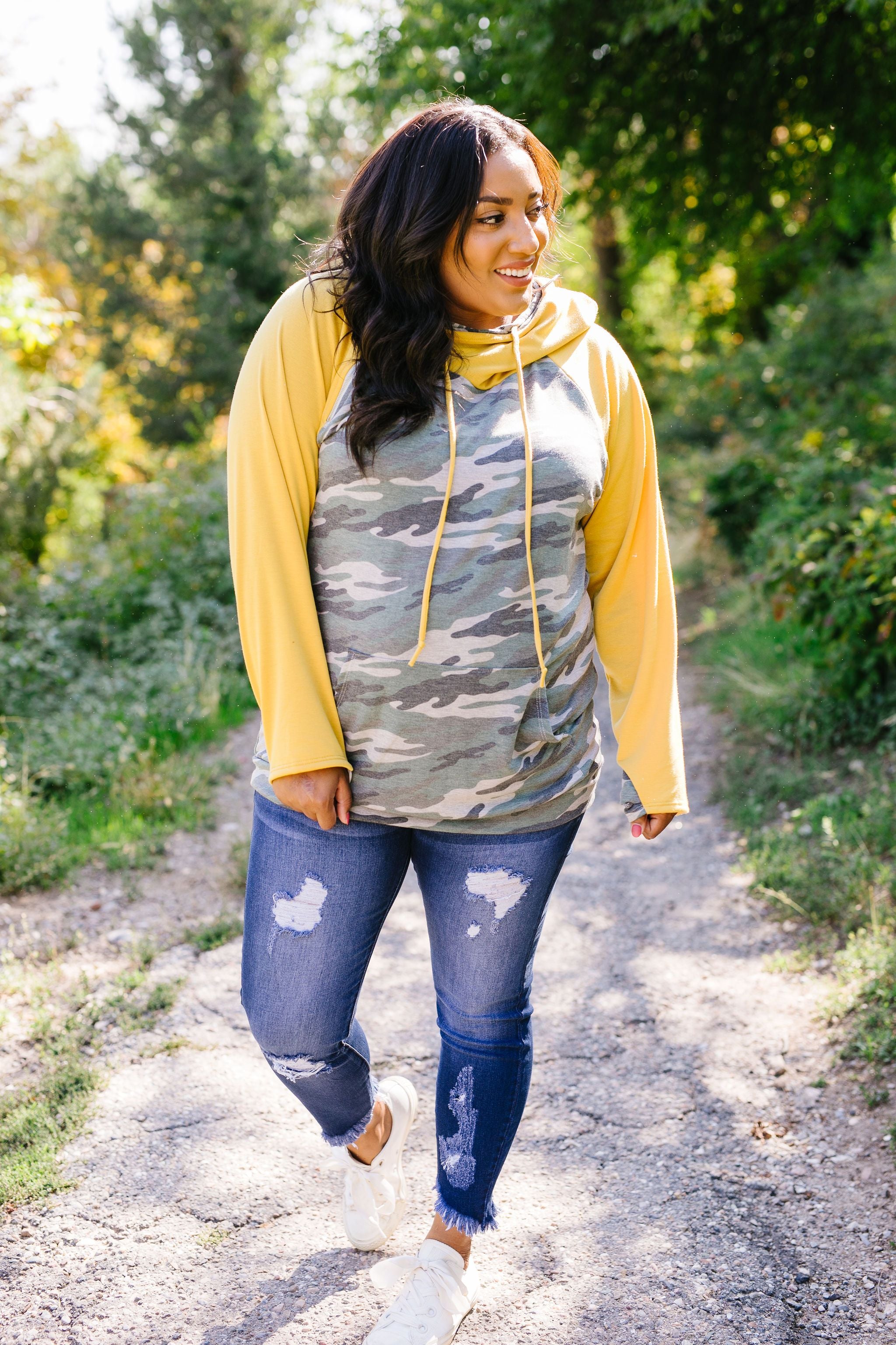 Mustard + Camo Angled Zip Hoodie