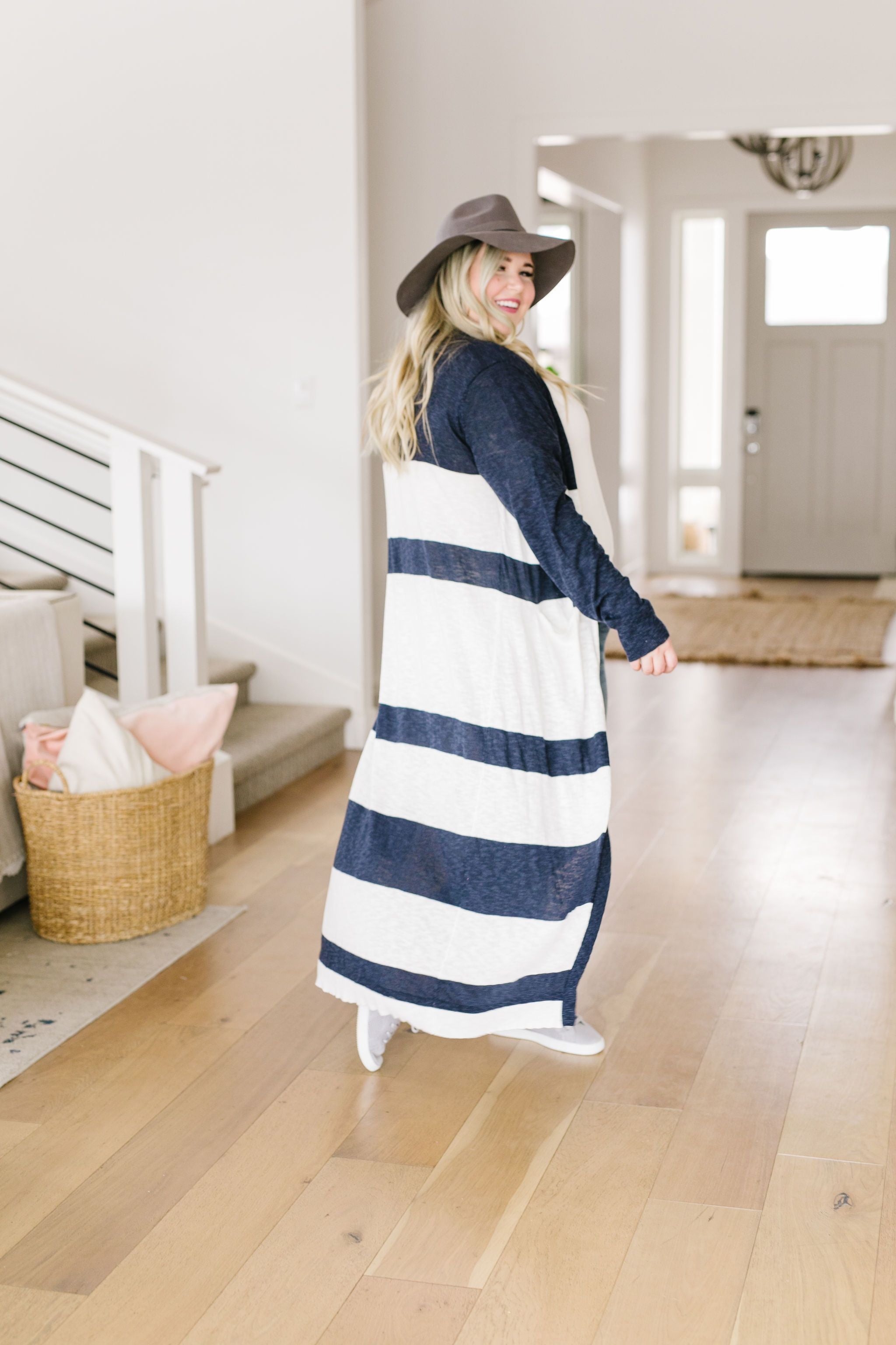 Navy & White Long Striped Cardigan