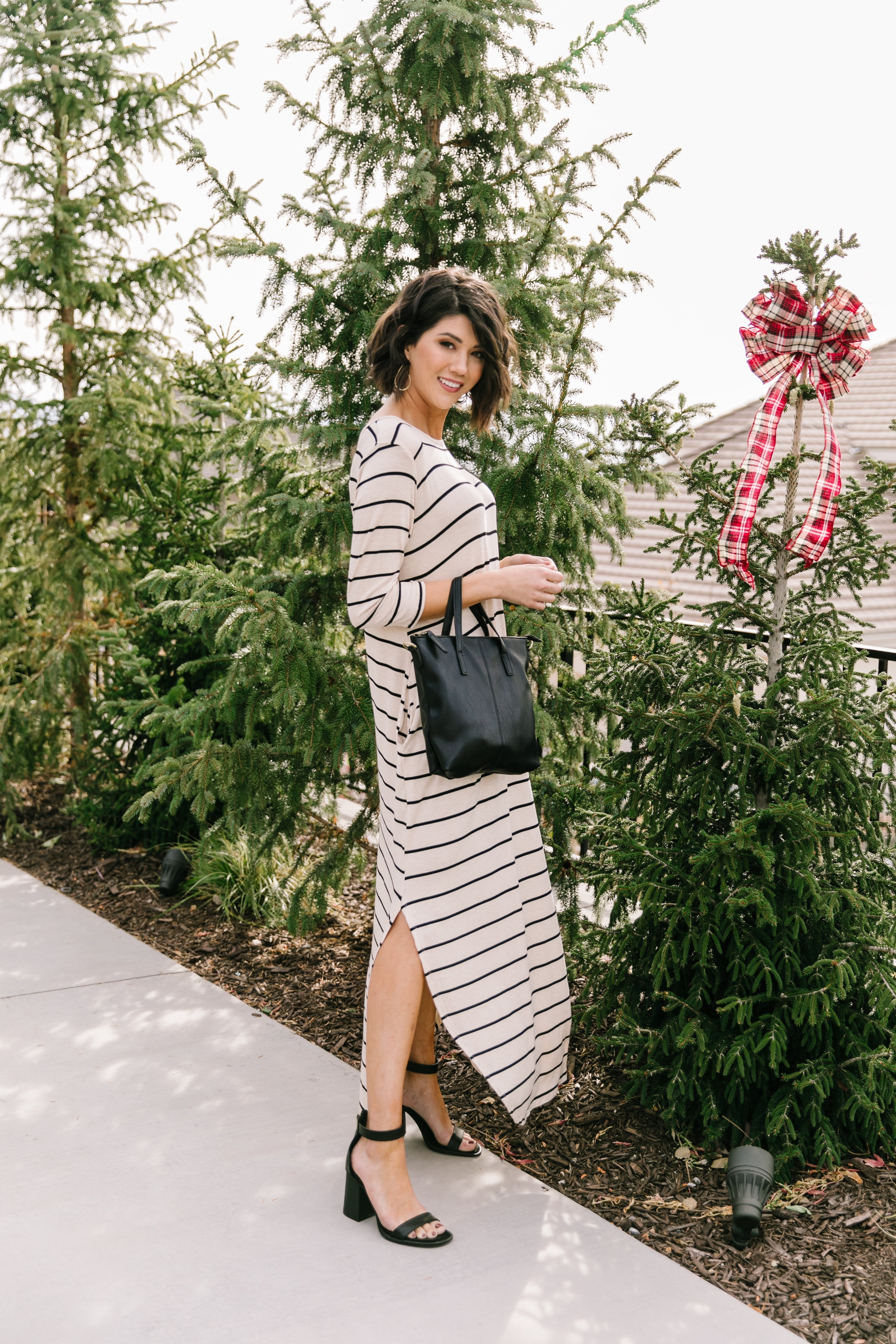 Oatmeal + Black Striped Maxi Dress