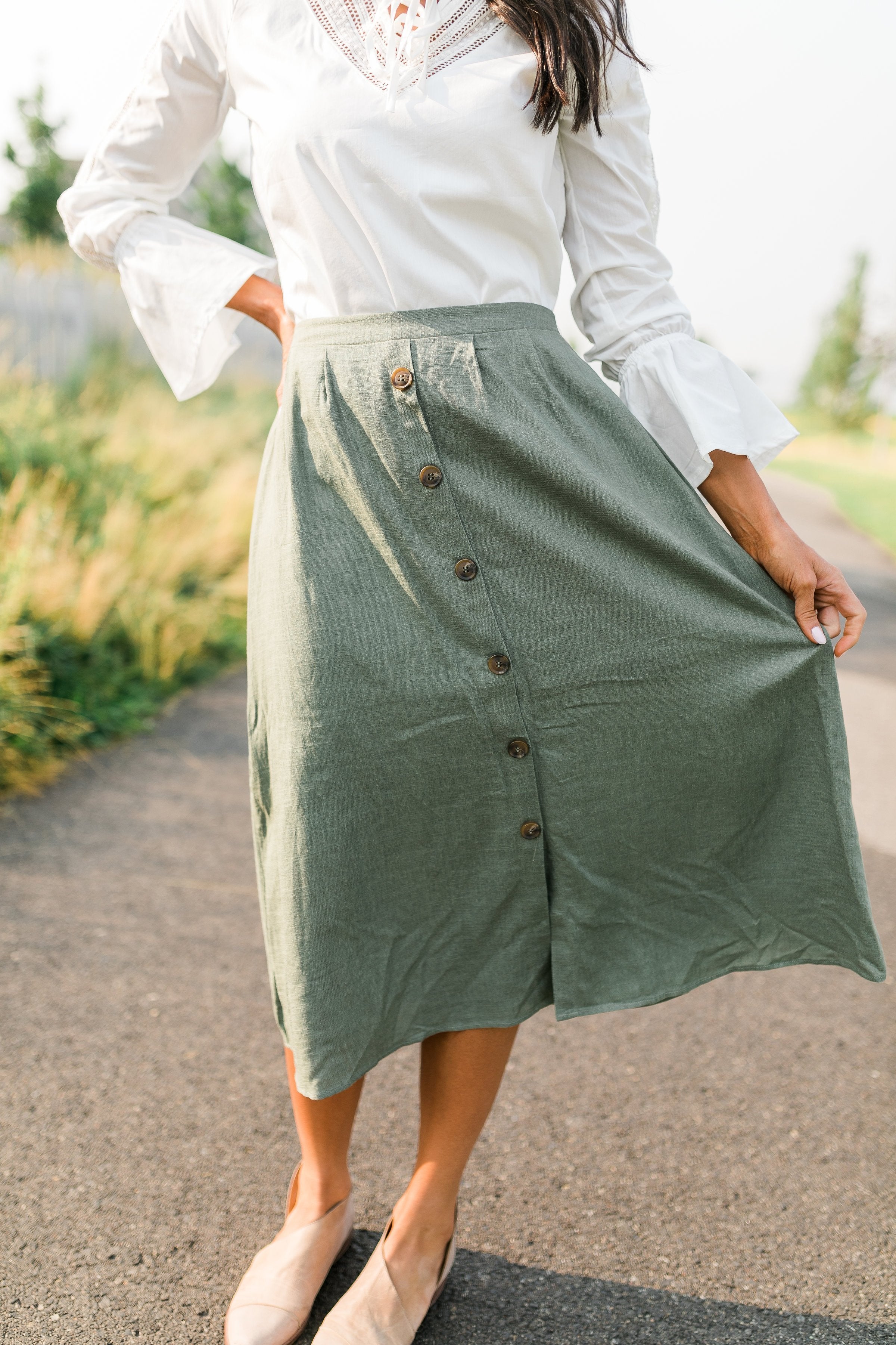 Olive Button Down Midi Skirt