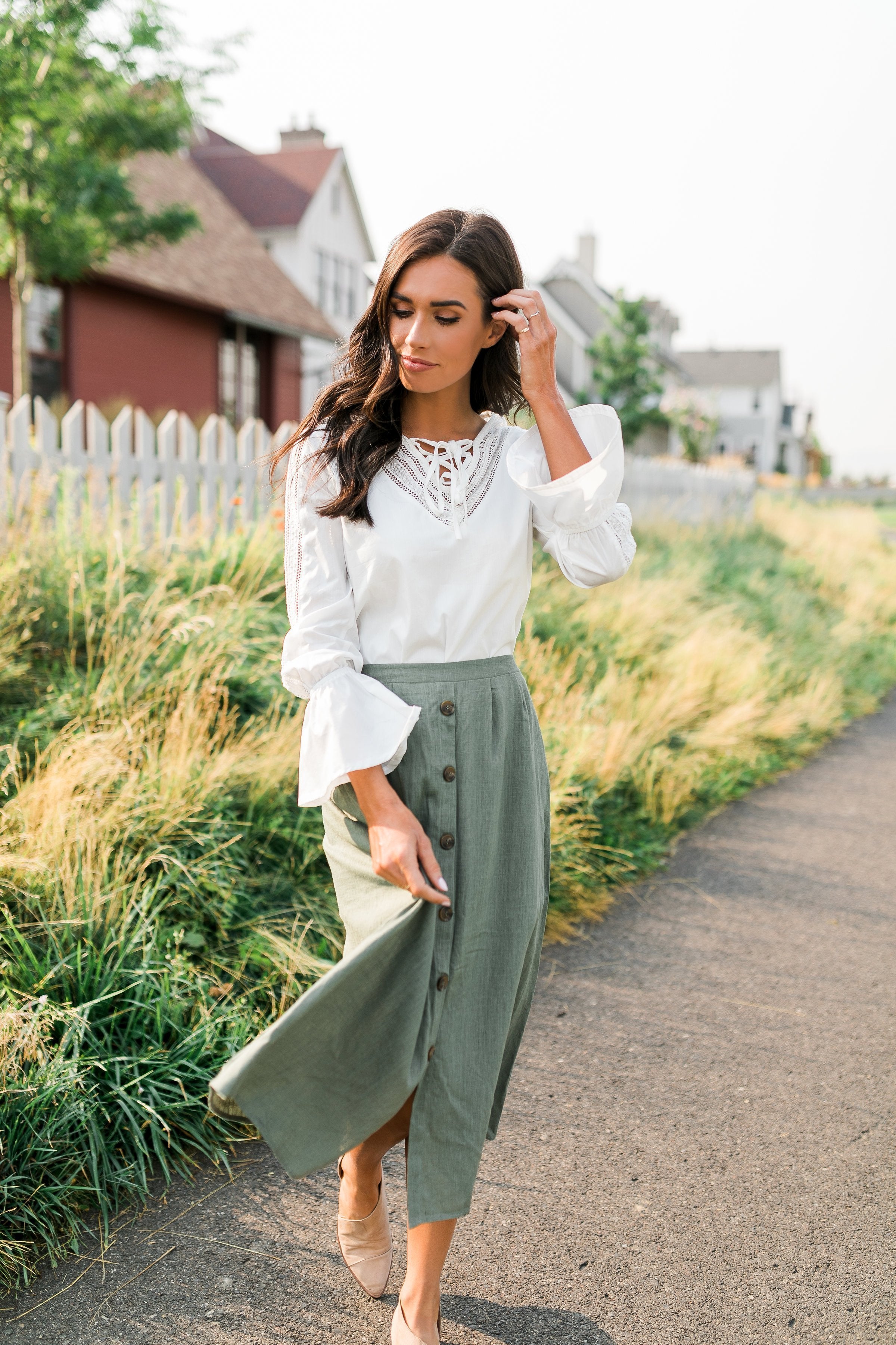 Olive Button Down Midi Skirt