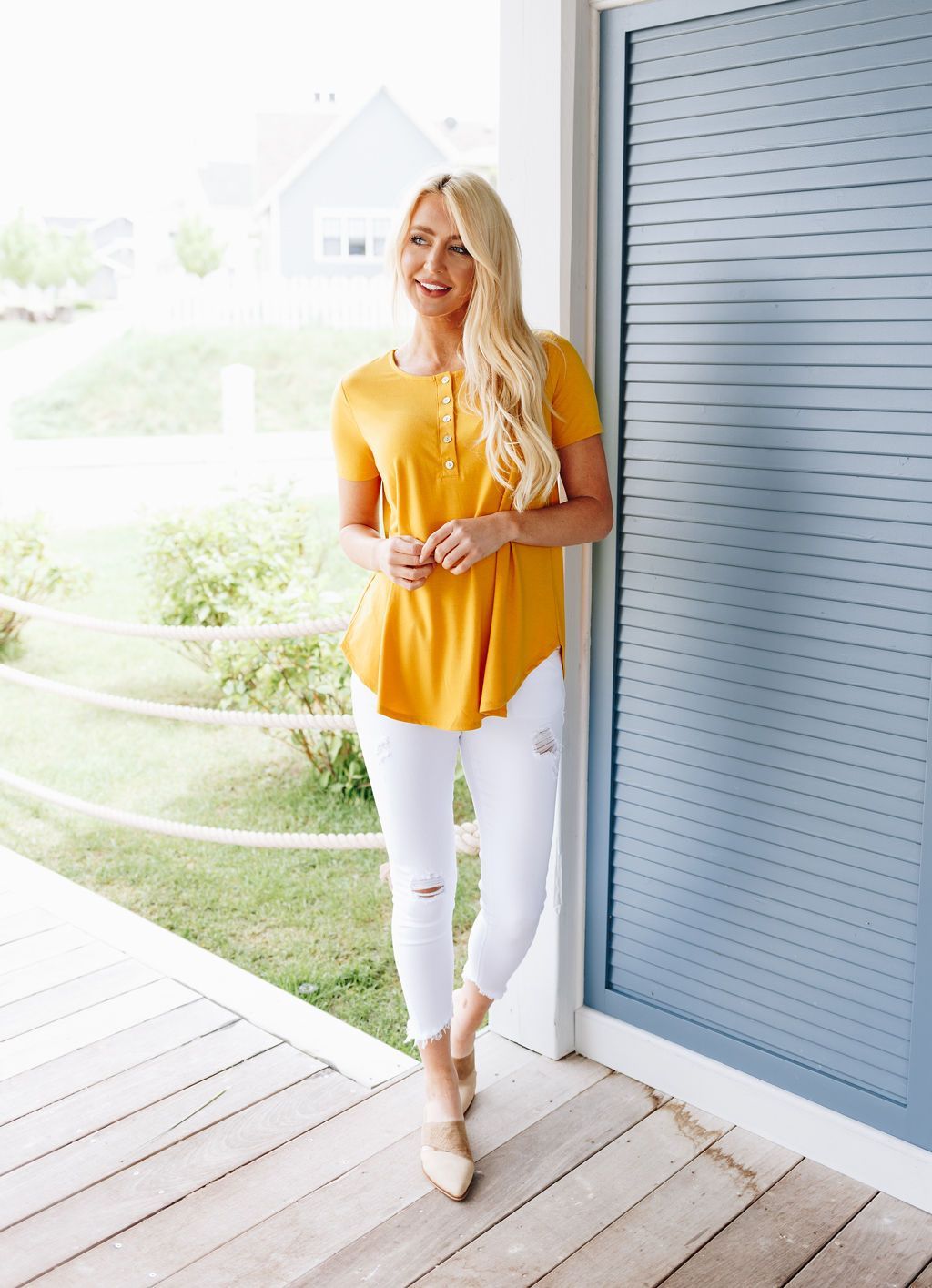 On The Button Basic Top In Marigold