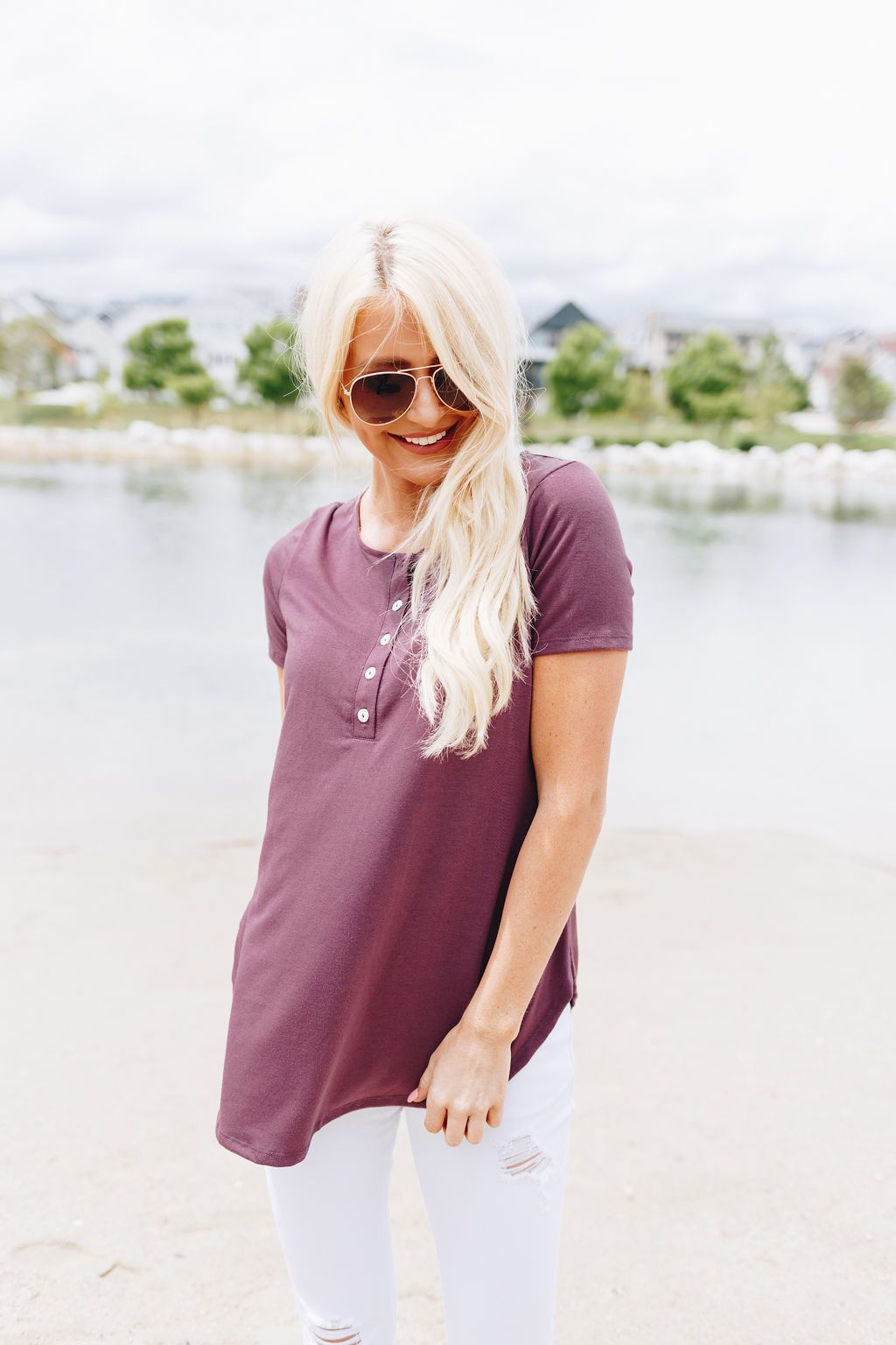 On The Button Basic Top In Plum