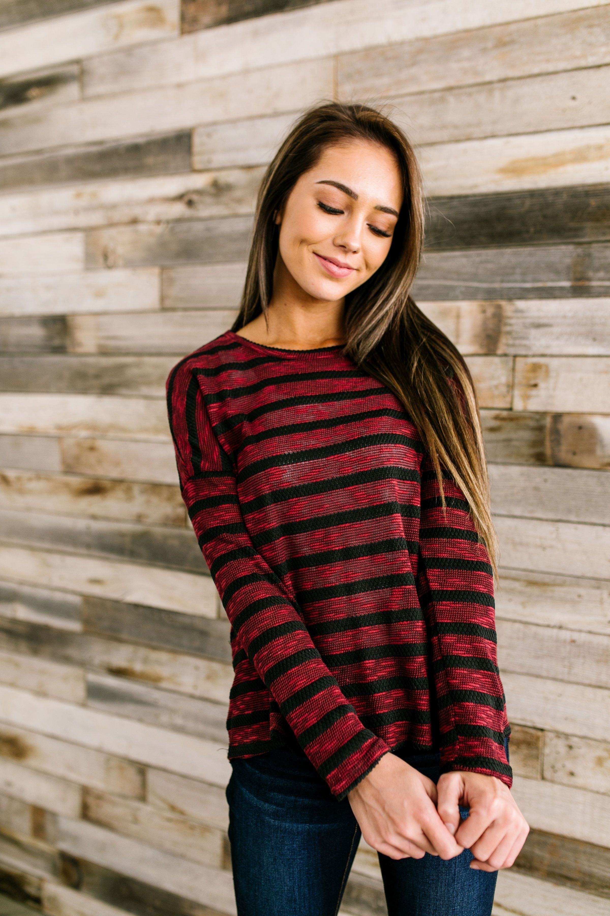 On The Level Striped Top In Burgundy + Black - ALL SALES FINAL