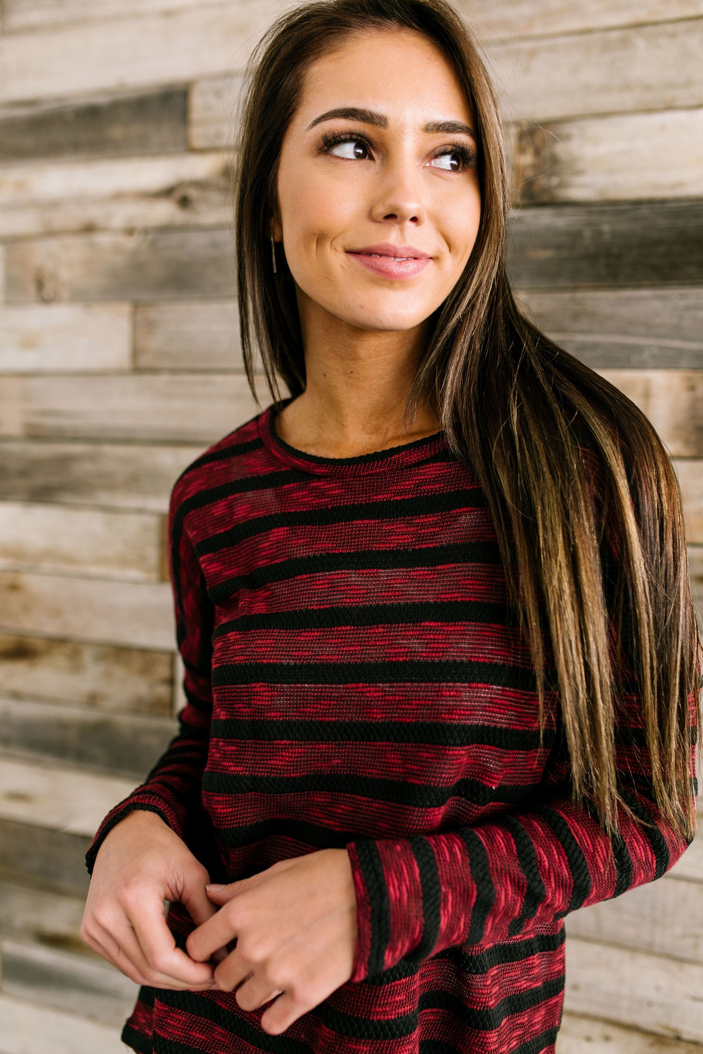 On The Level Striped Top In Burgundy + Black - ALL SALES FINAL