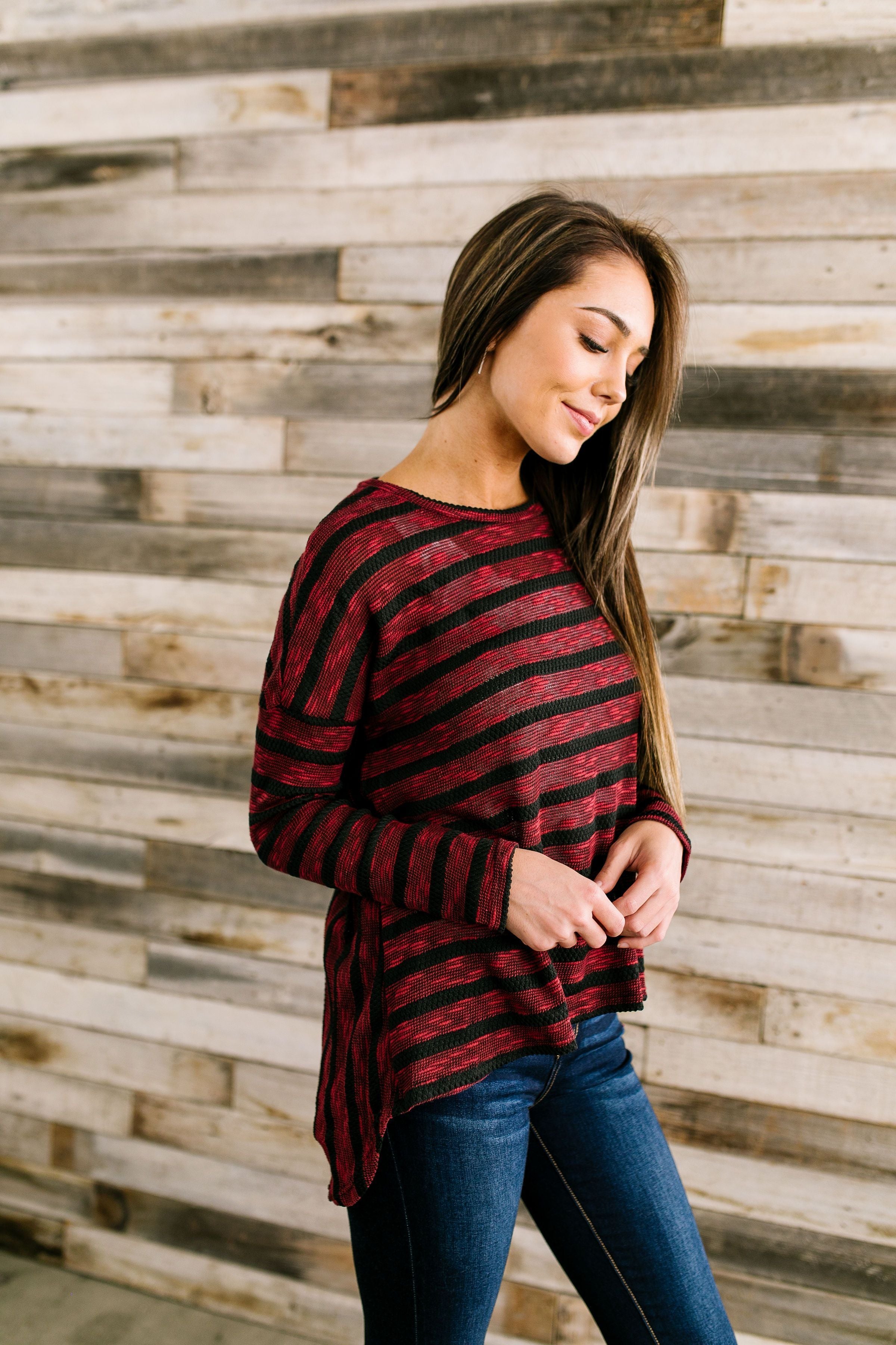 On The Level Striped Top In Burgundy + Black - ALL SALES FINAL