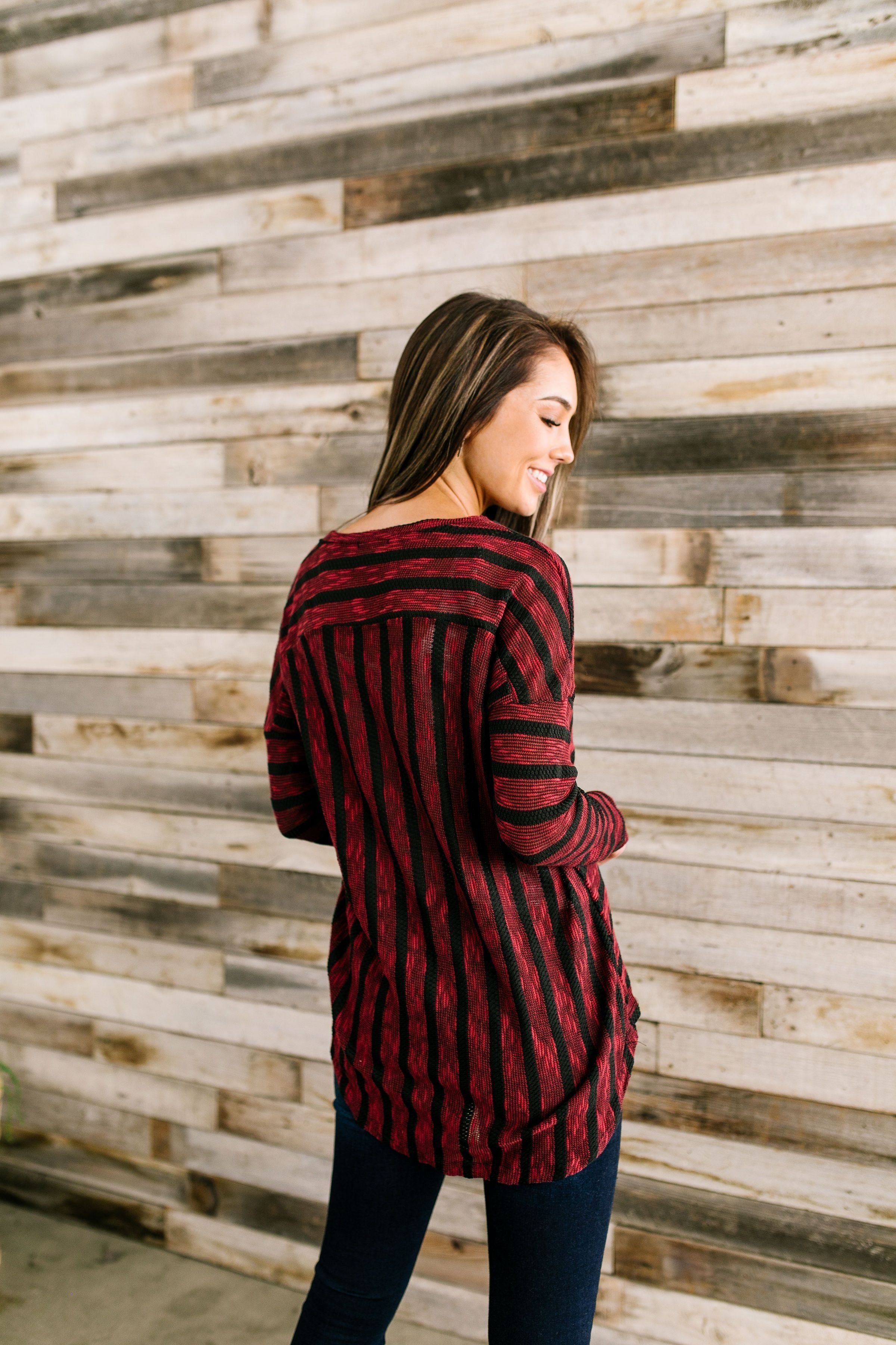 On The Level Striped Top In Burgundy + Black - ALL SALES FINAL