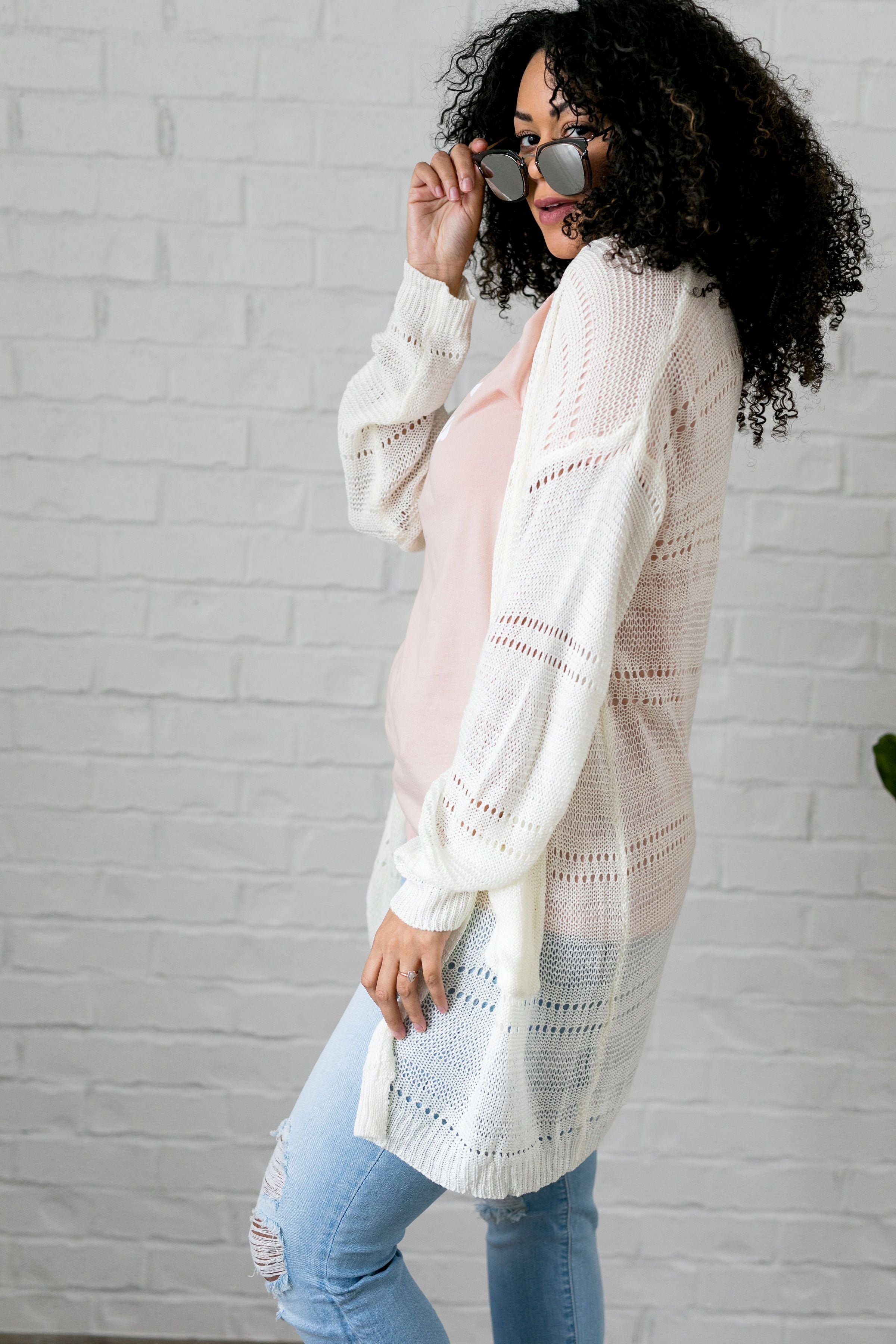 Open Knit Cardi In Pearl