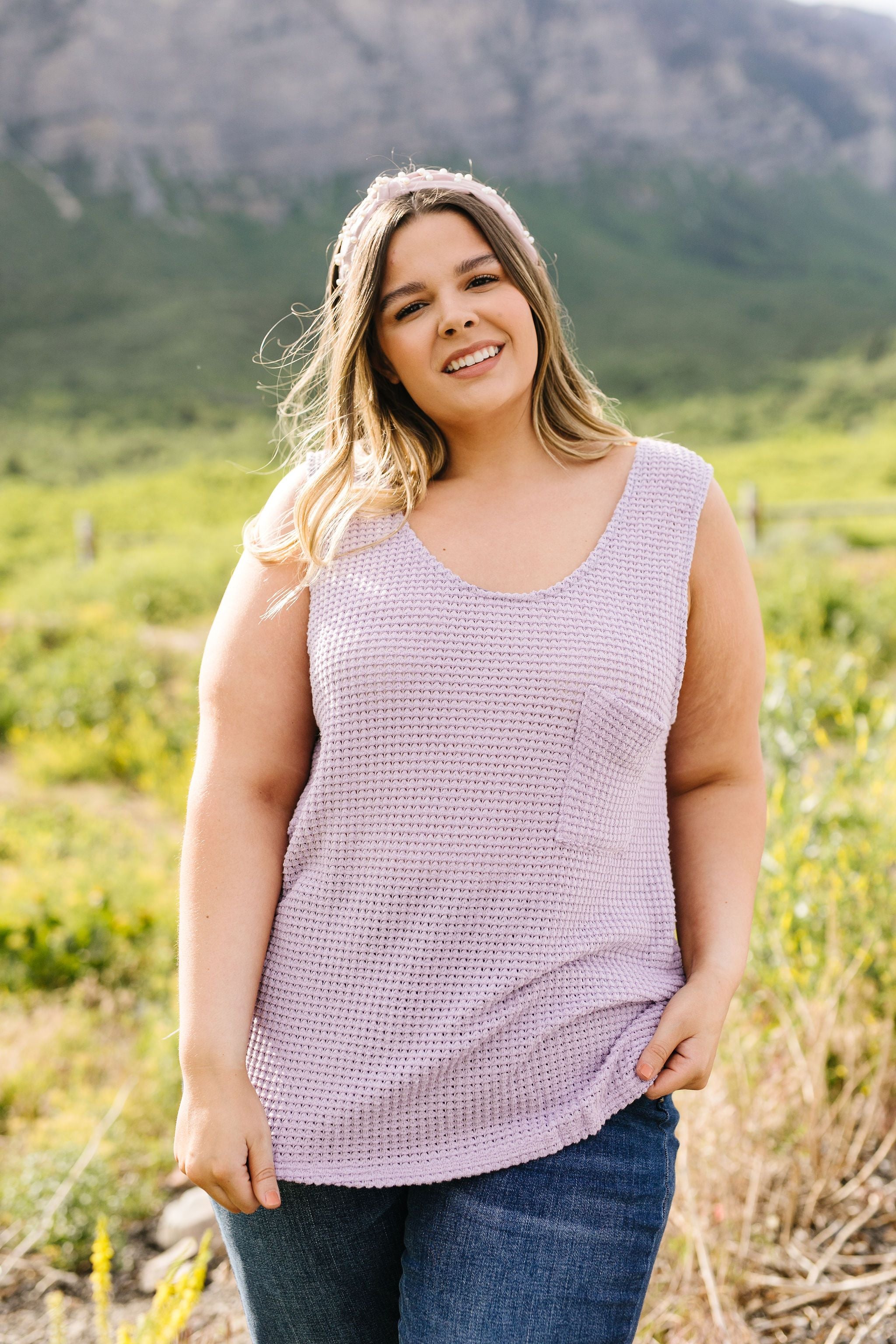 Open Weave Waffle Knit Tank In Lavender