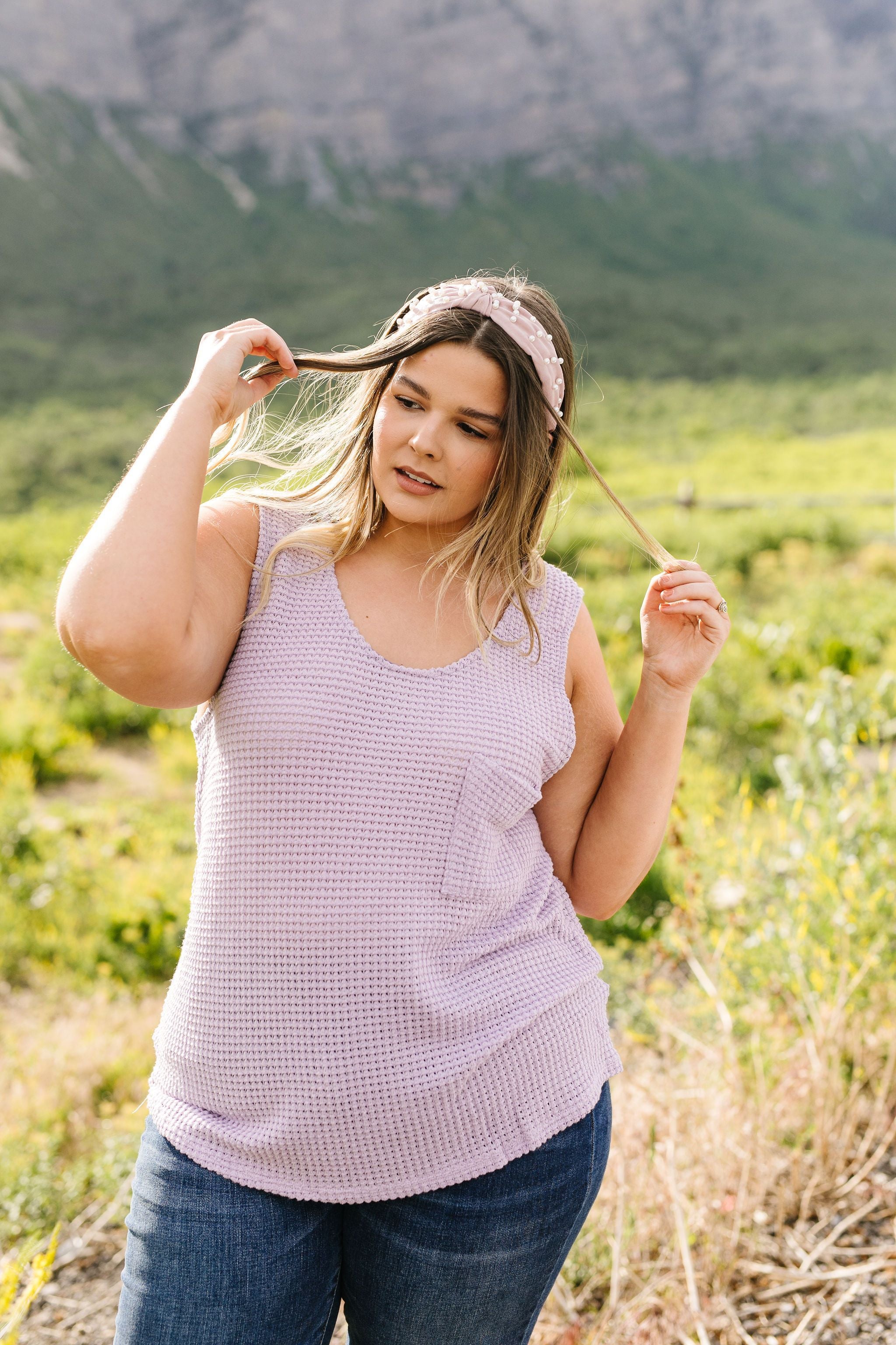 Open Weave Waffle Knit Tank In Lavender