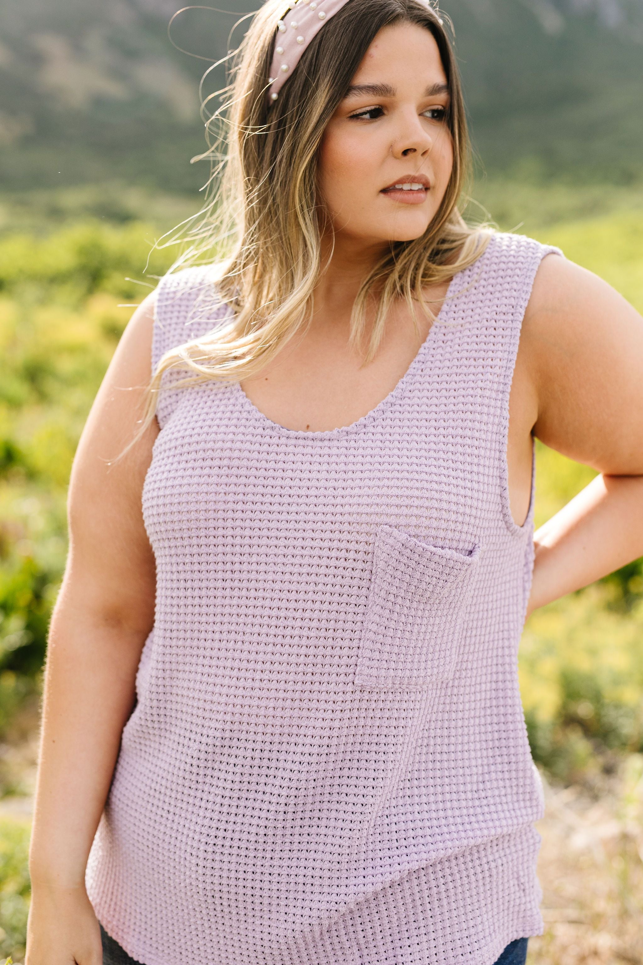 Open Weave Waffle Knit Tank In Lavender