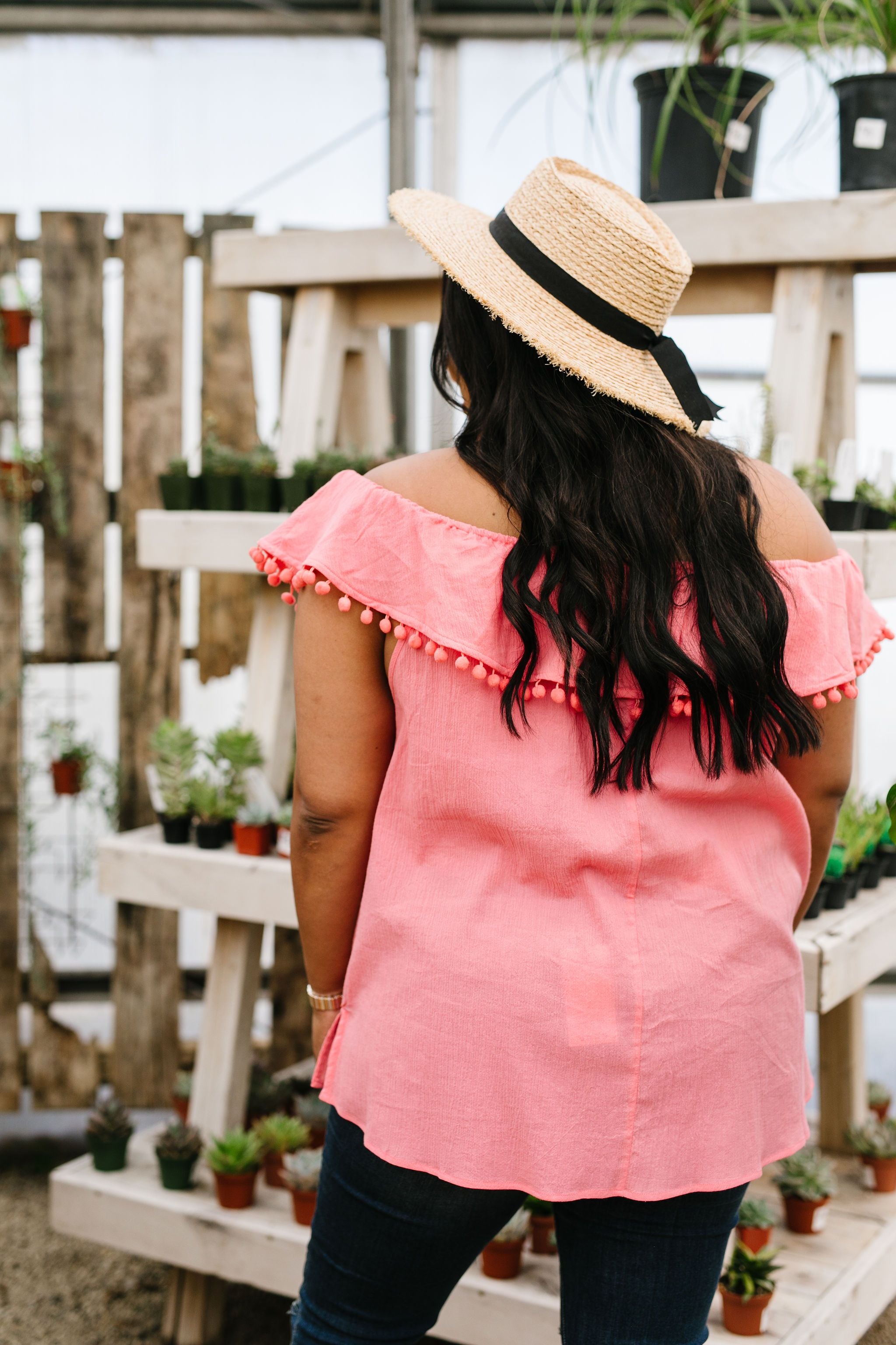 Penelope Pom Pom Off Shoulder Top In Watermelon