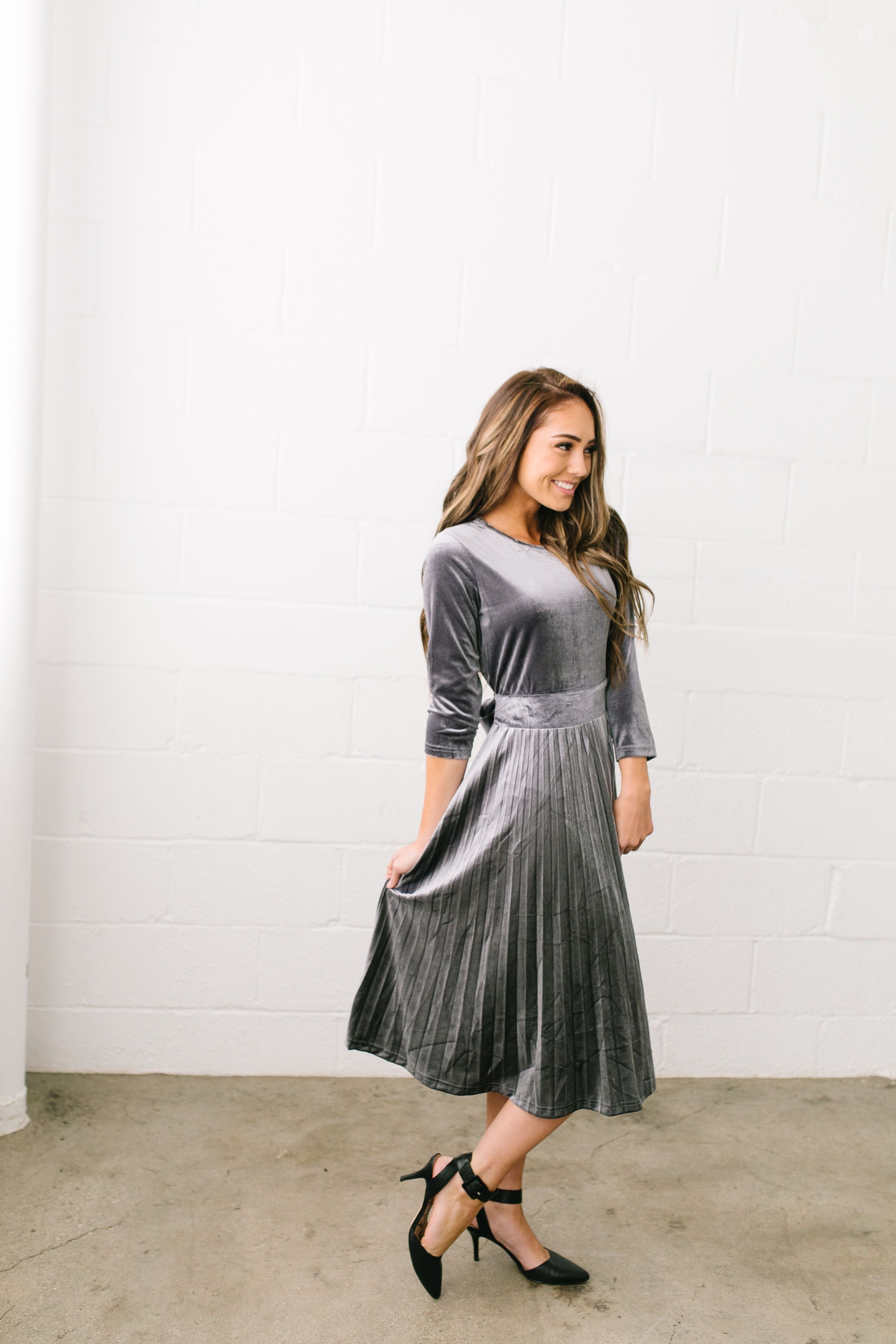 Perfectly Pleated Platinum Velvet Midi Dress