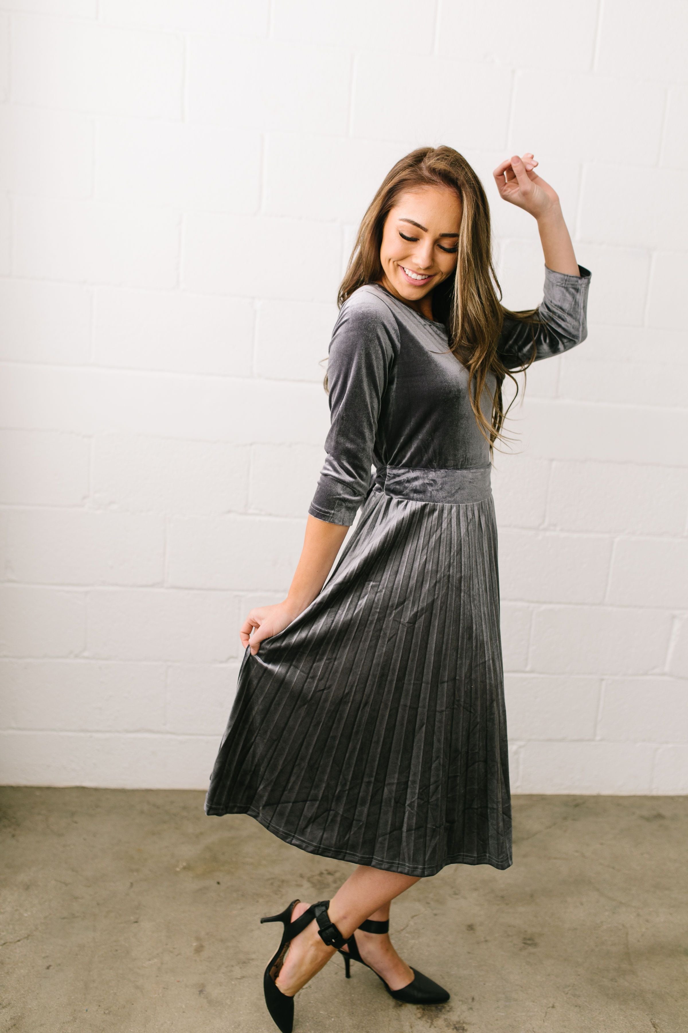 Perfectly Pleated Platinum Velvet Midi Dress