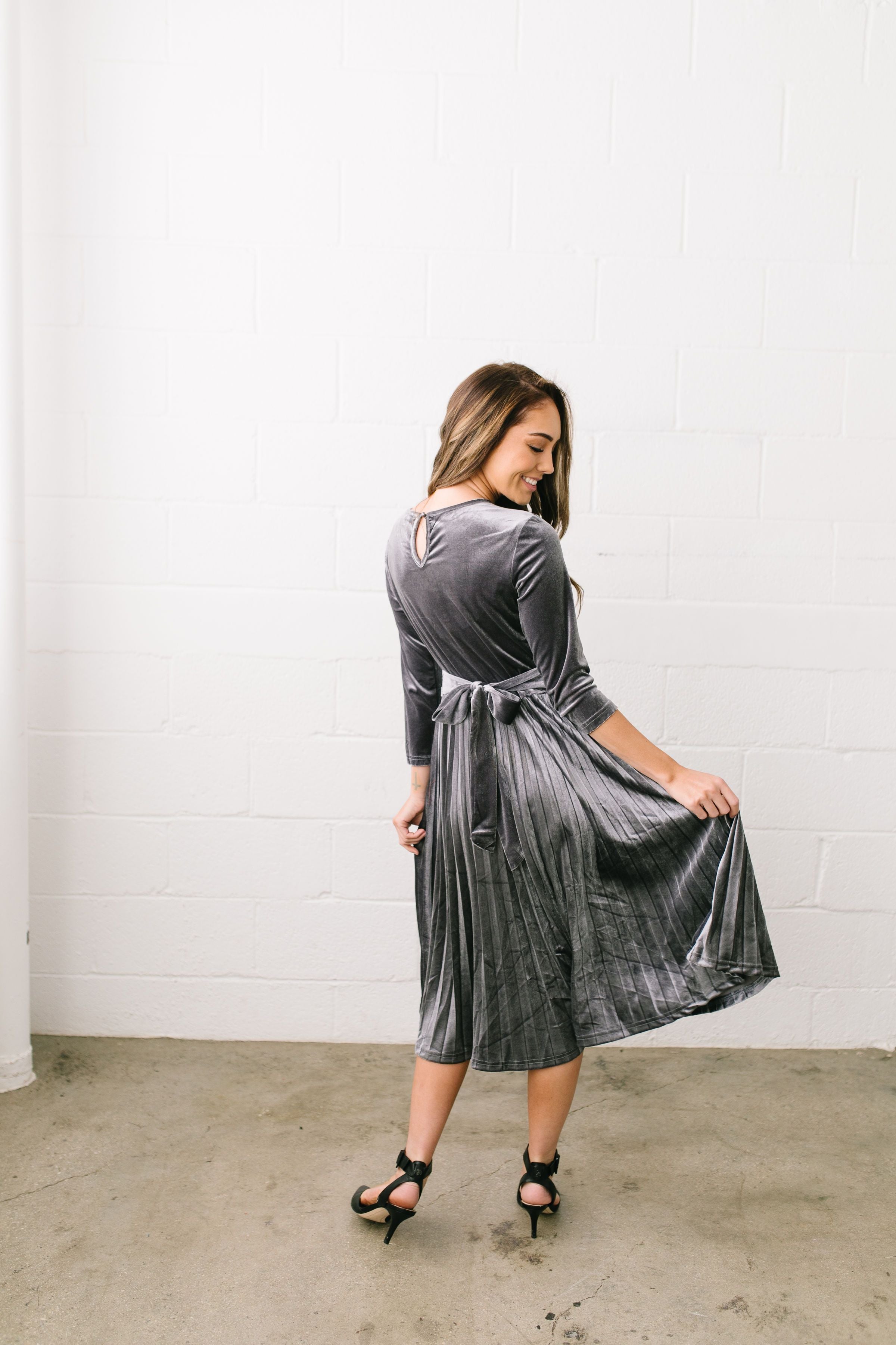 Perfectly Pleated Platinum Velvet Midi Dress