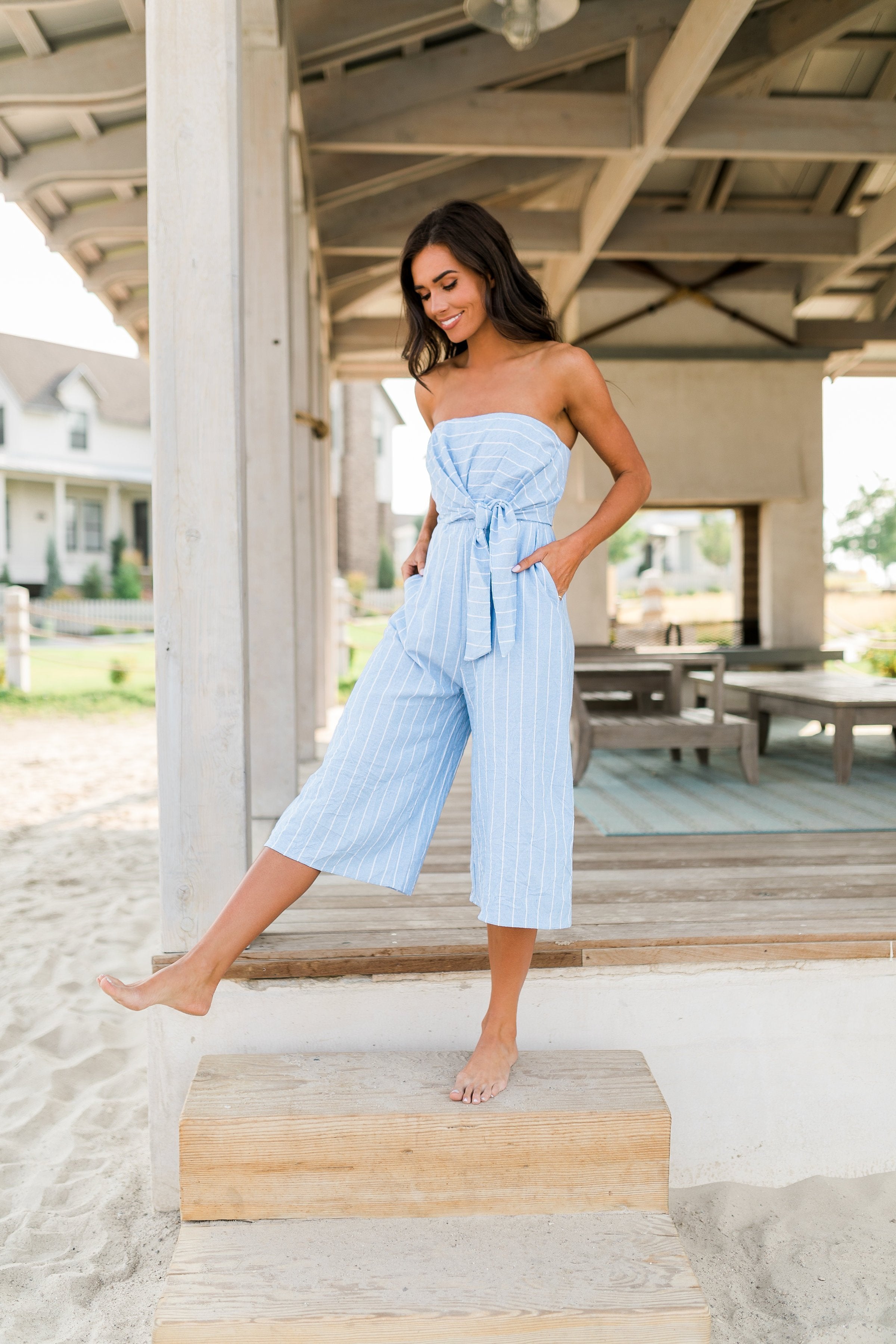 Pinstripe Strapless Jumpsuit