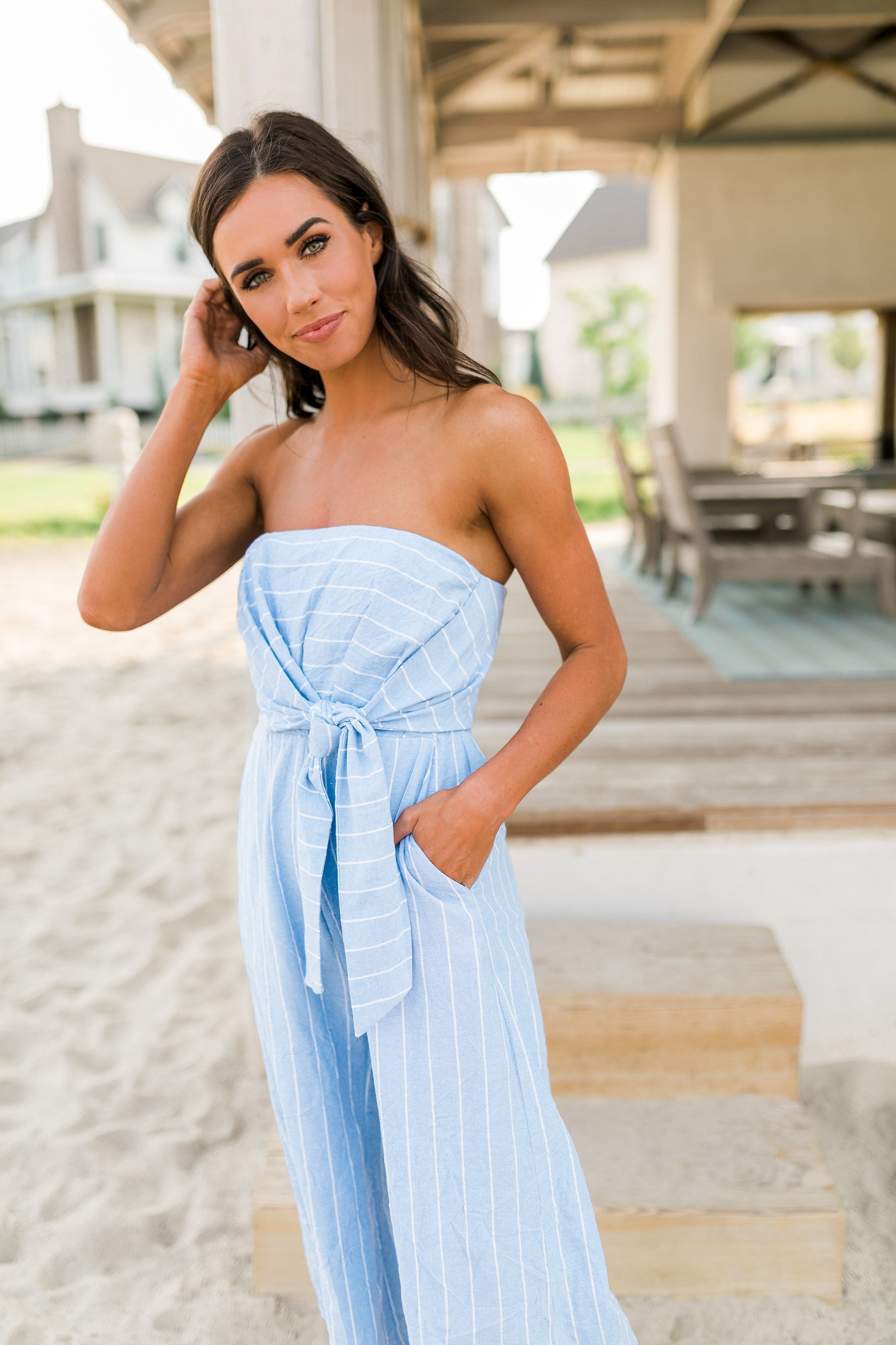 Pinstripe Strapless Jumpsuit