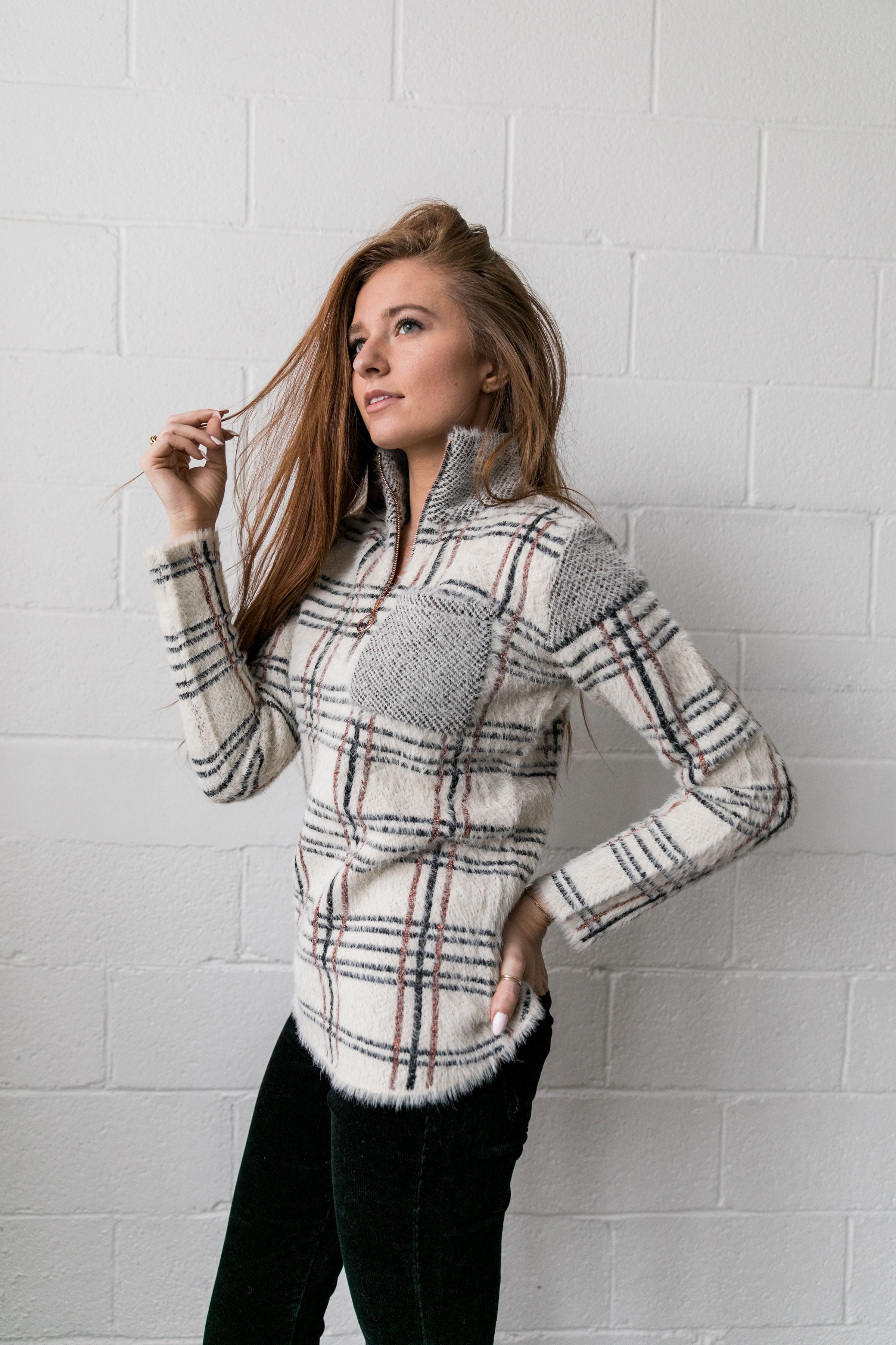 Copper And Plaid Fuzzy Pullover