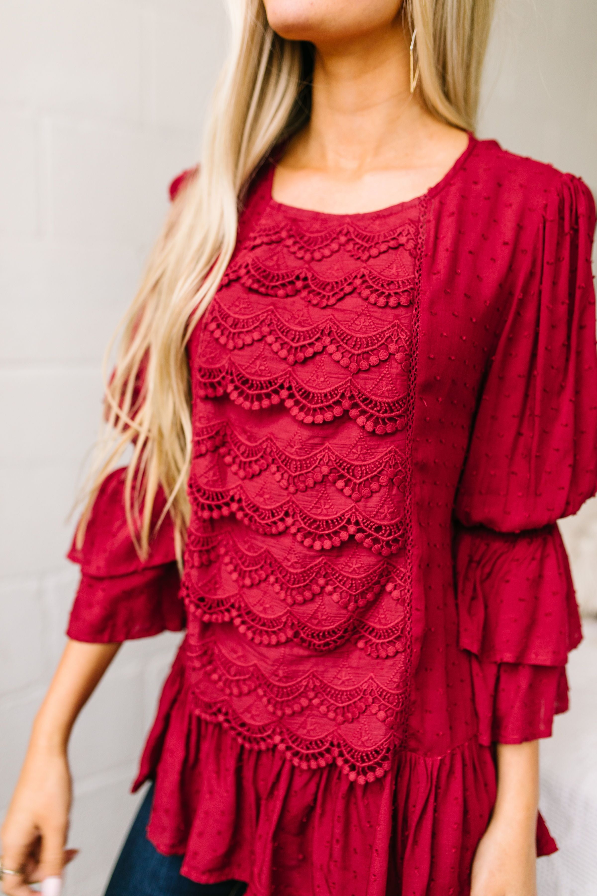 Play It Again Samantha Lace Top In Red - ALL SALES FINAL