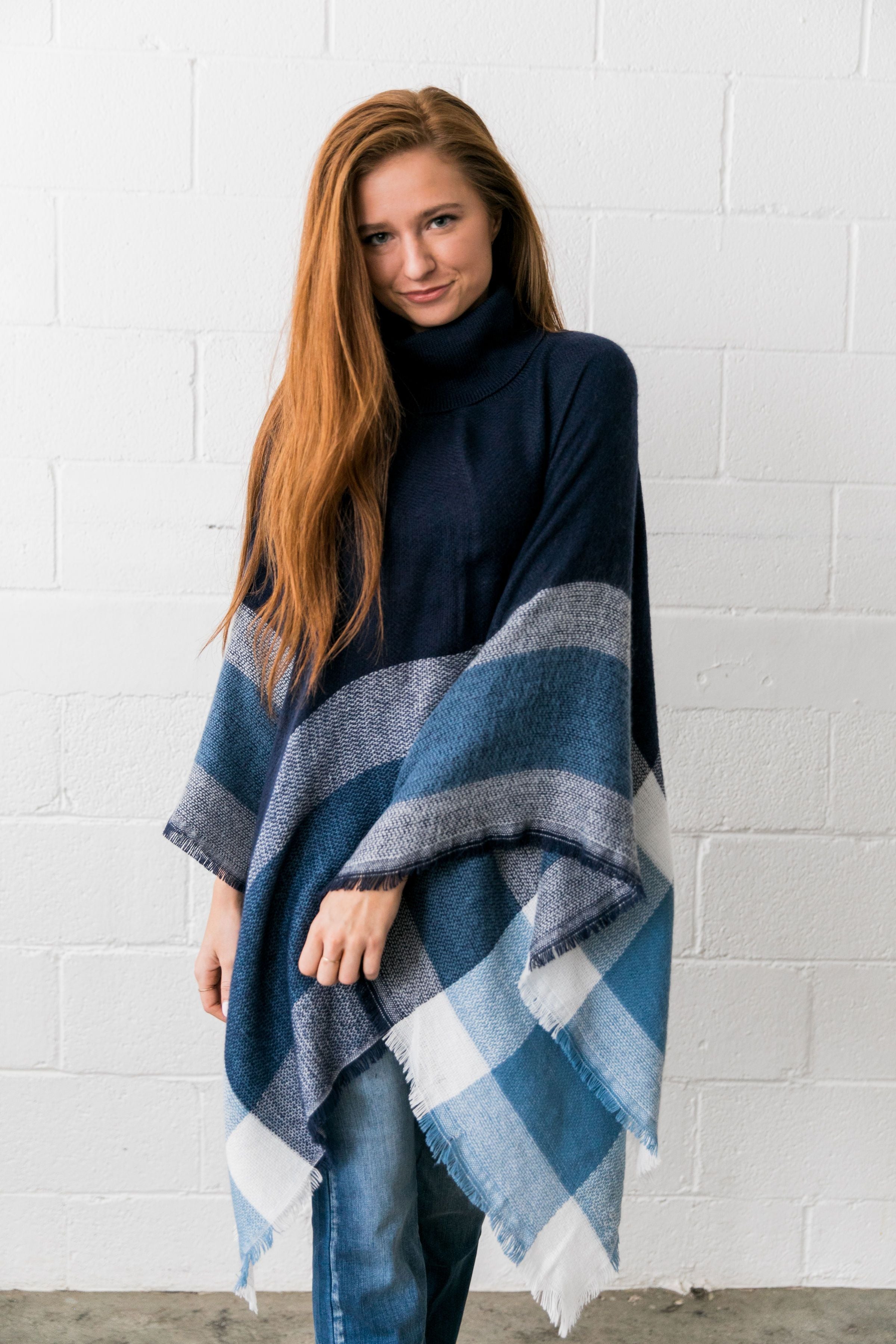 Playful Plaid Poncho in Navy - ALL SALES FINAL