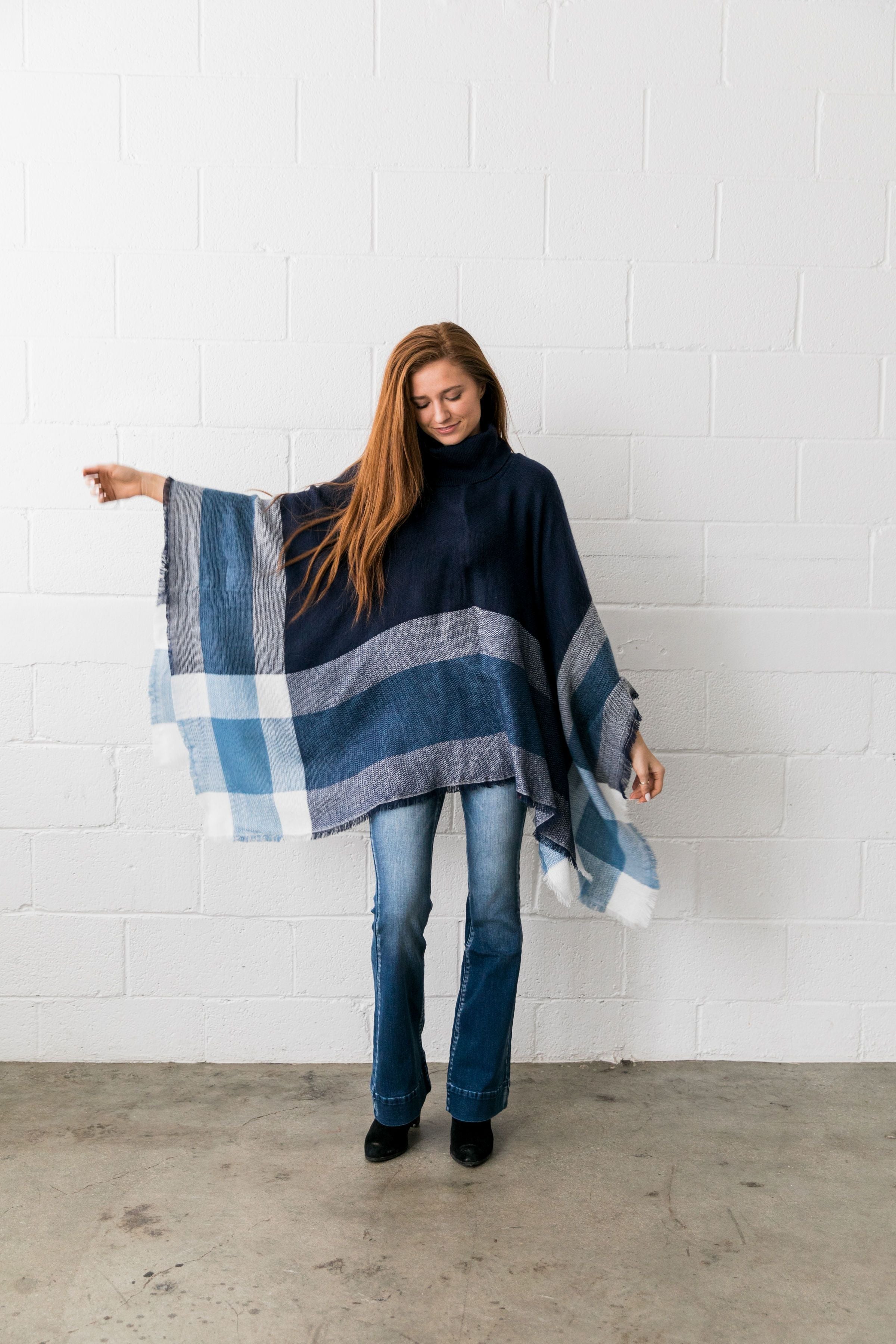 Playful Plaid Poncho in Navy - ALL SALES FINAL