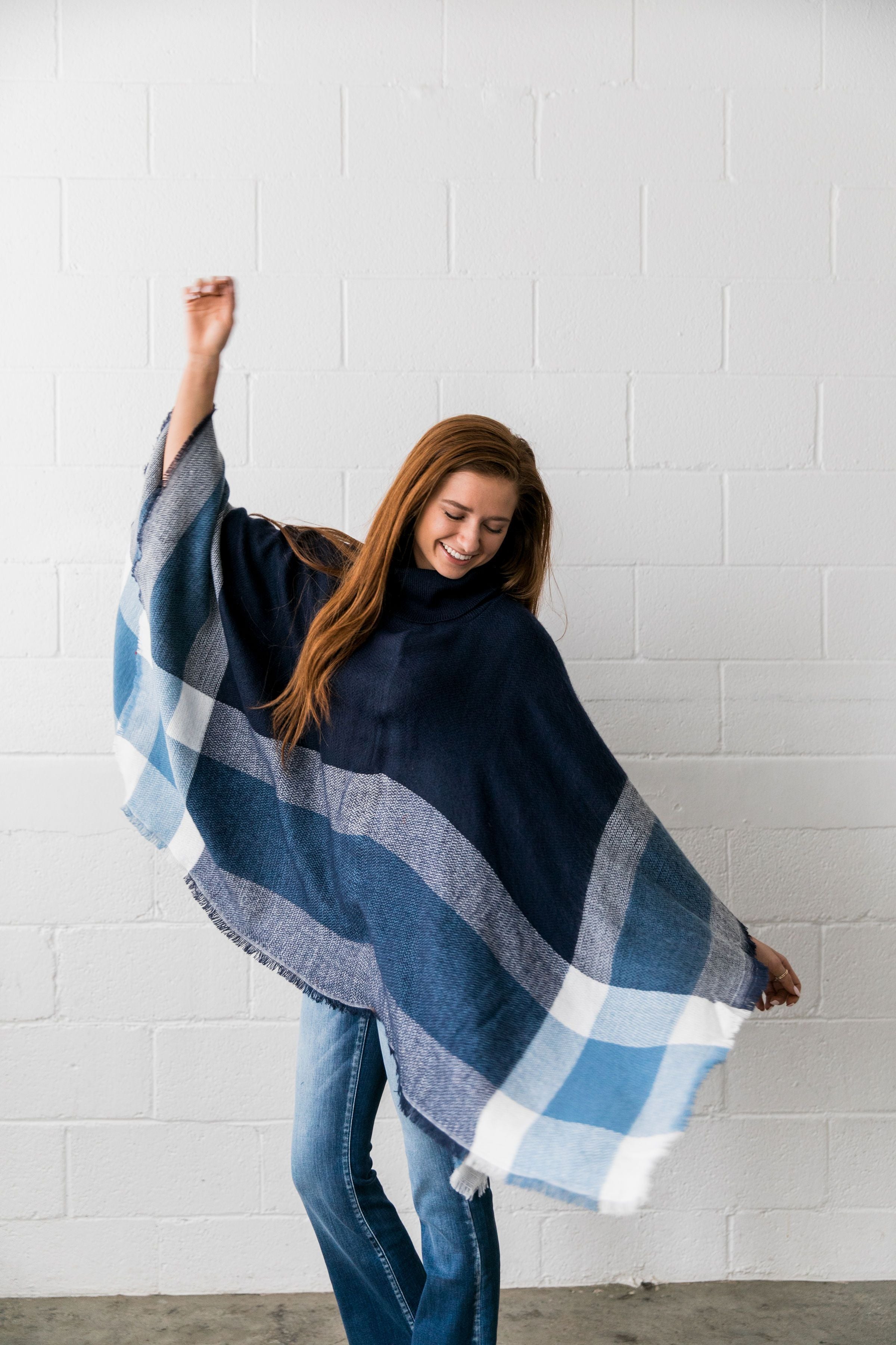 Playful Plaid Poncho in Navy - ALL SALES FINAL