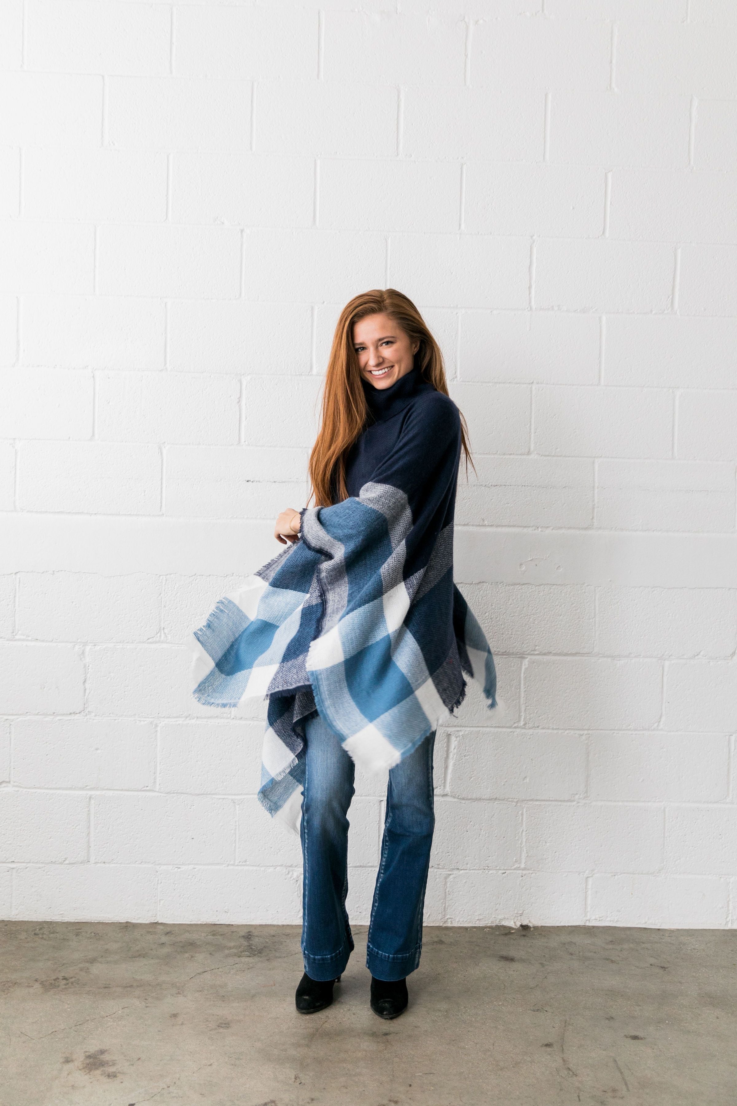 Playful Plaid Poncho in Navy - ALL SALES FINAL