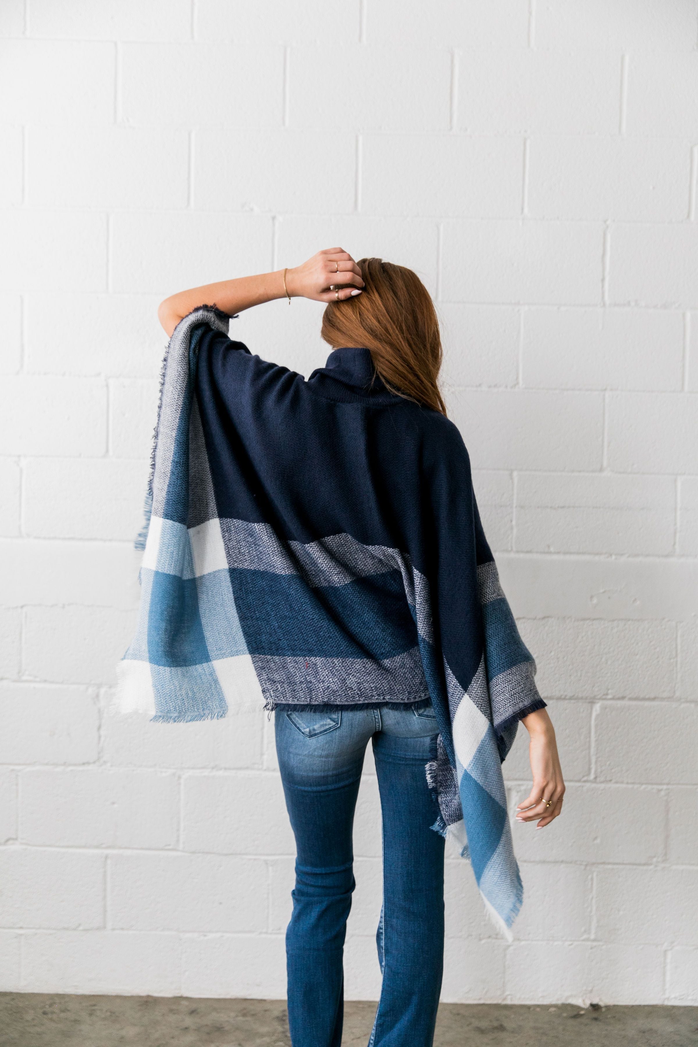 Playful Plaid Poncho in Navy - ALL SALES FINAL