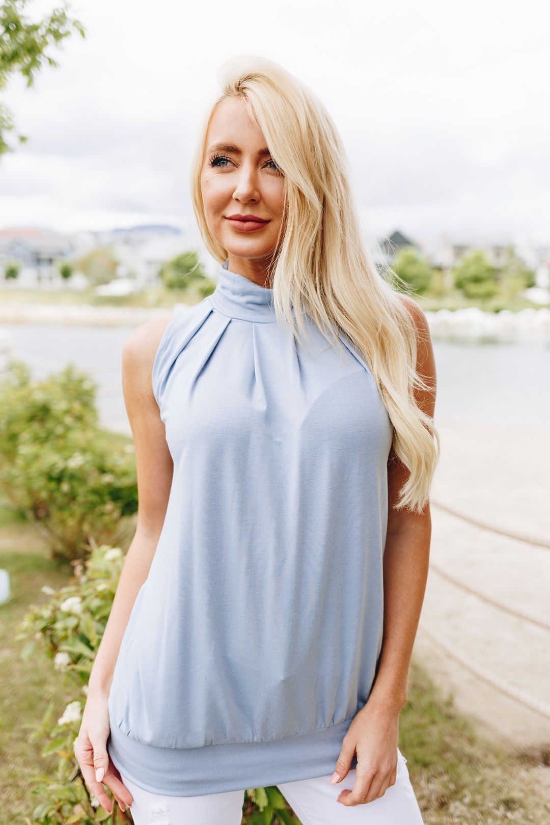 Pleats A Plenty Sleeveless Top In Pale Blue