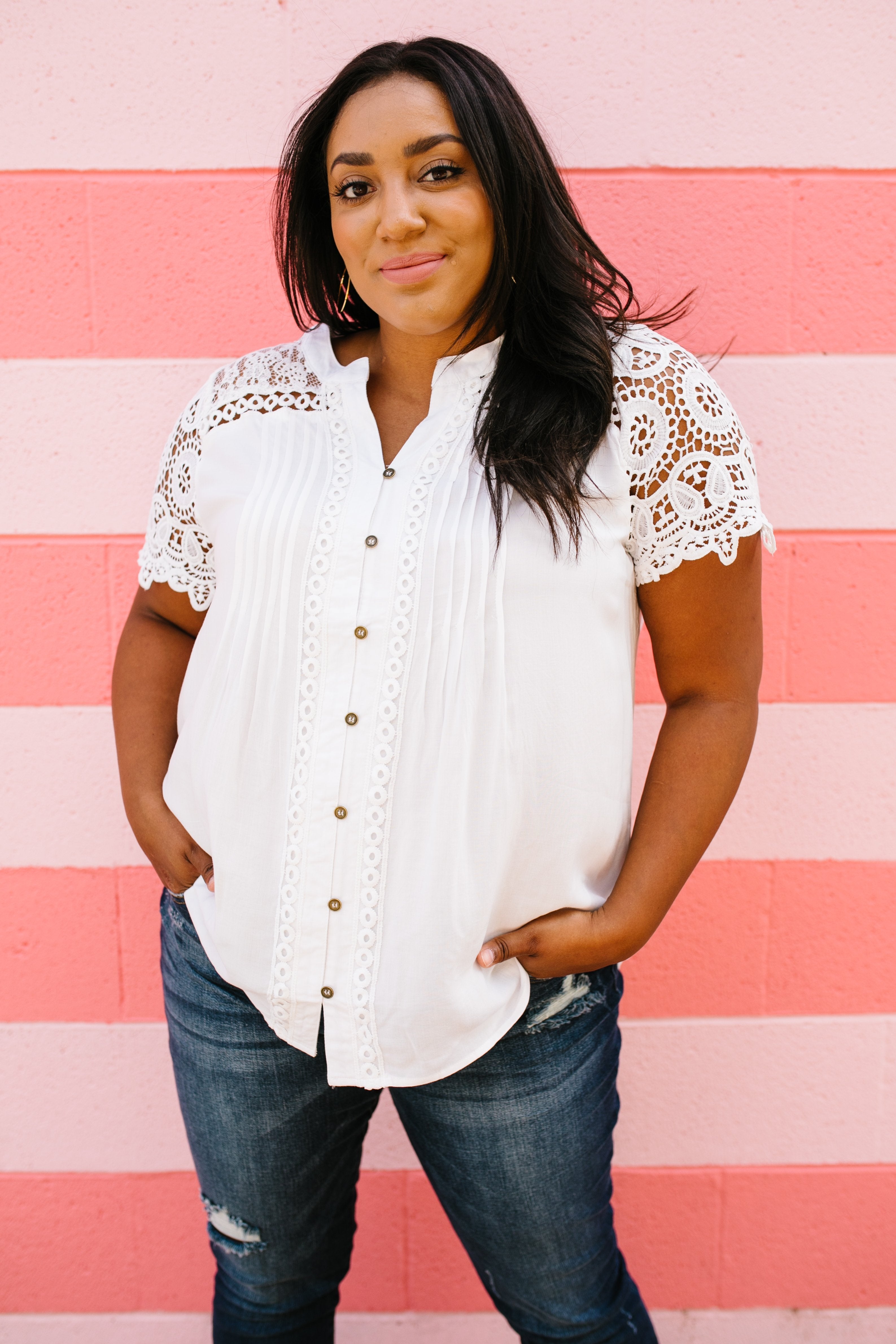 Pleats + Lace Blouse In White