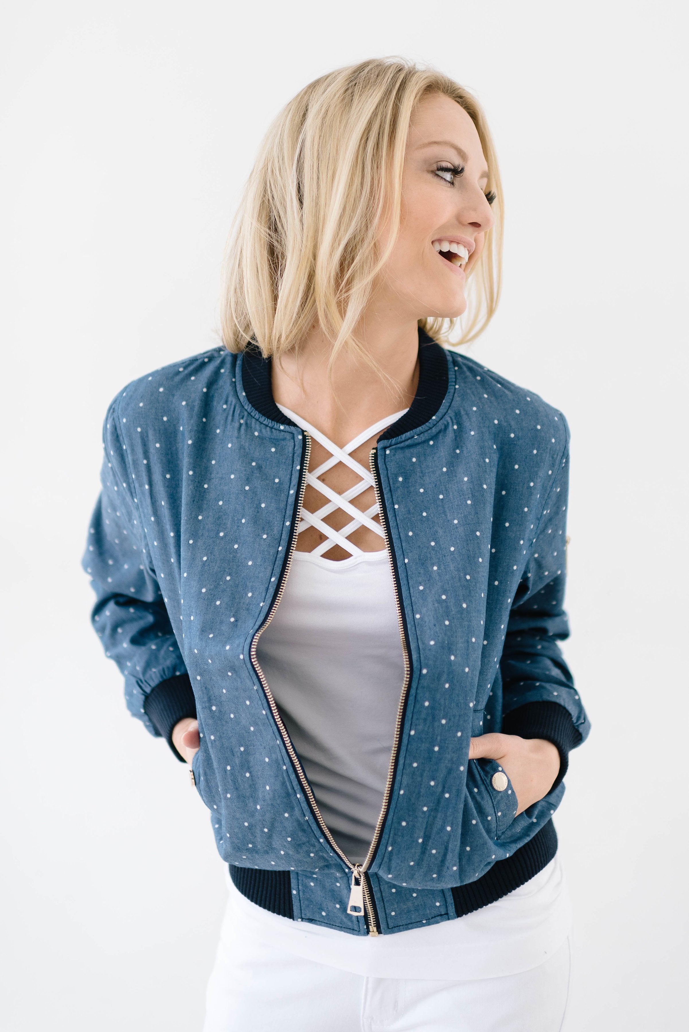 Polka Dot Chambray Bomber Jacket