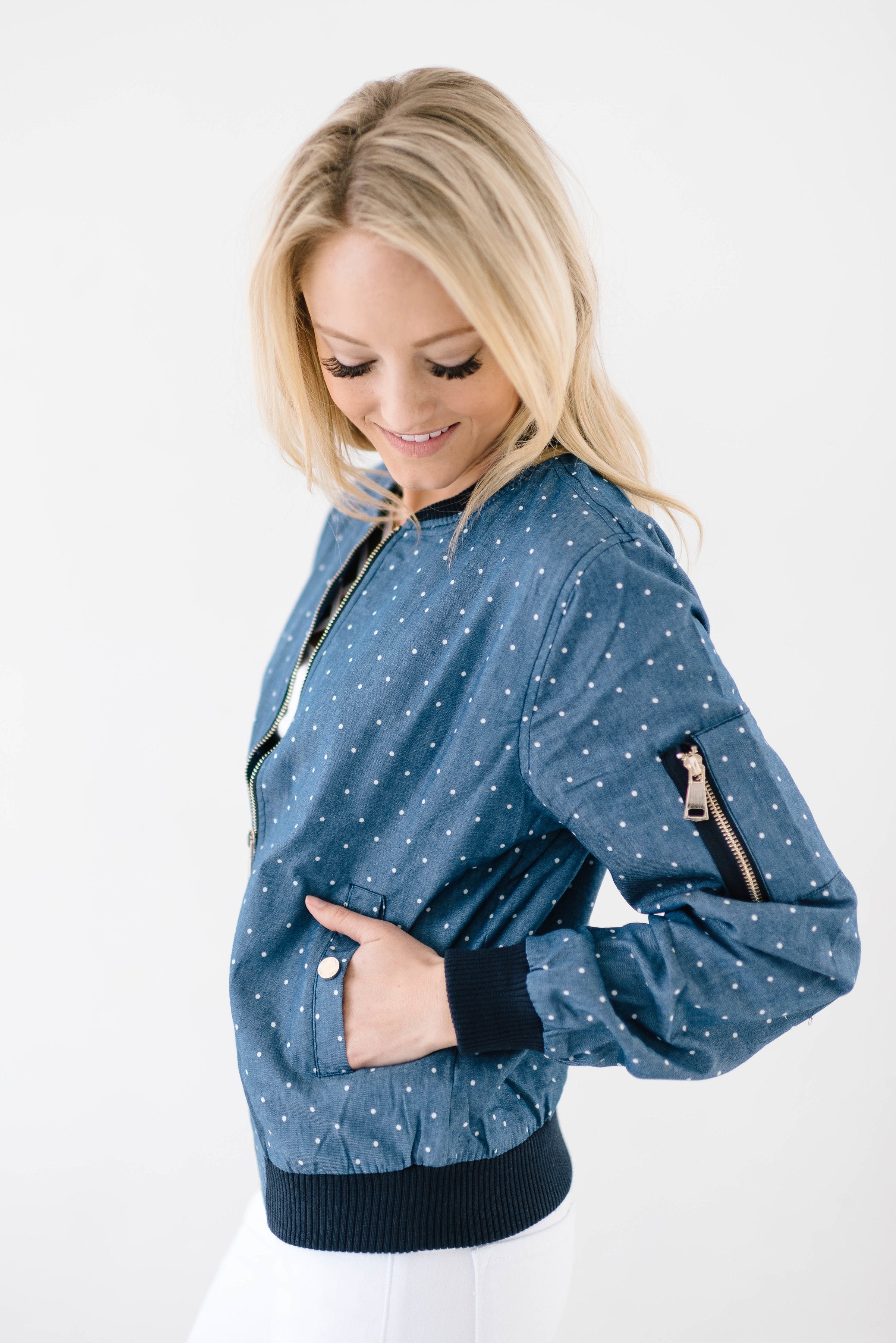 Polka Dot Chambray Bomber Jacket