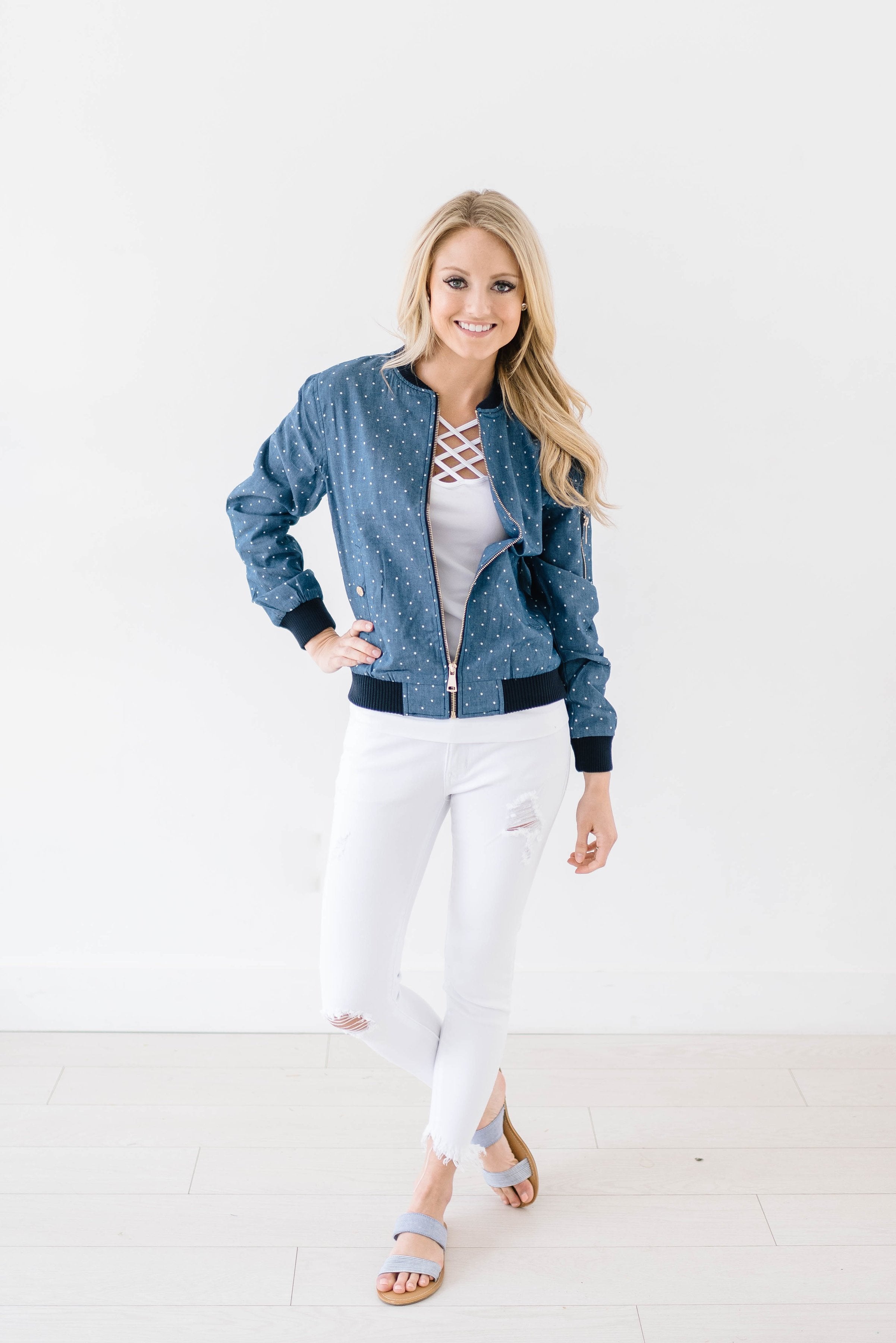 Polka Dot Chambray Bomber Jacket