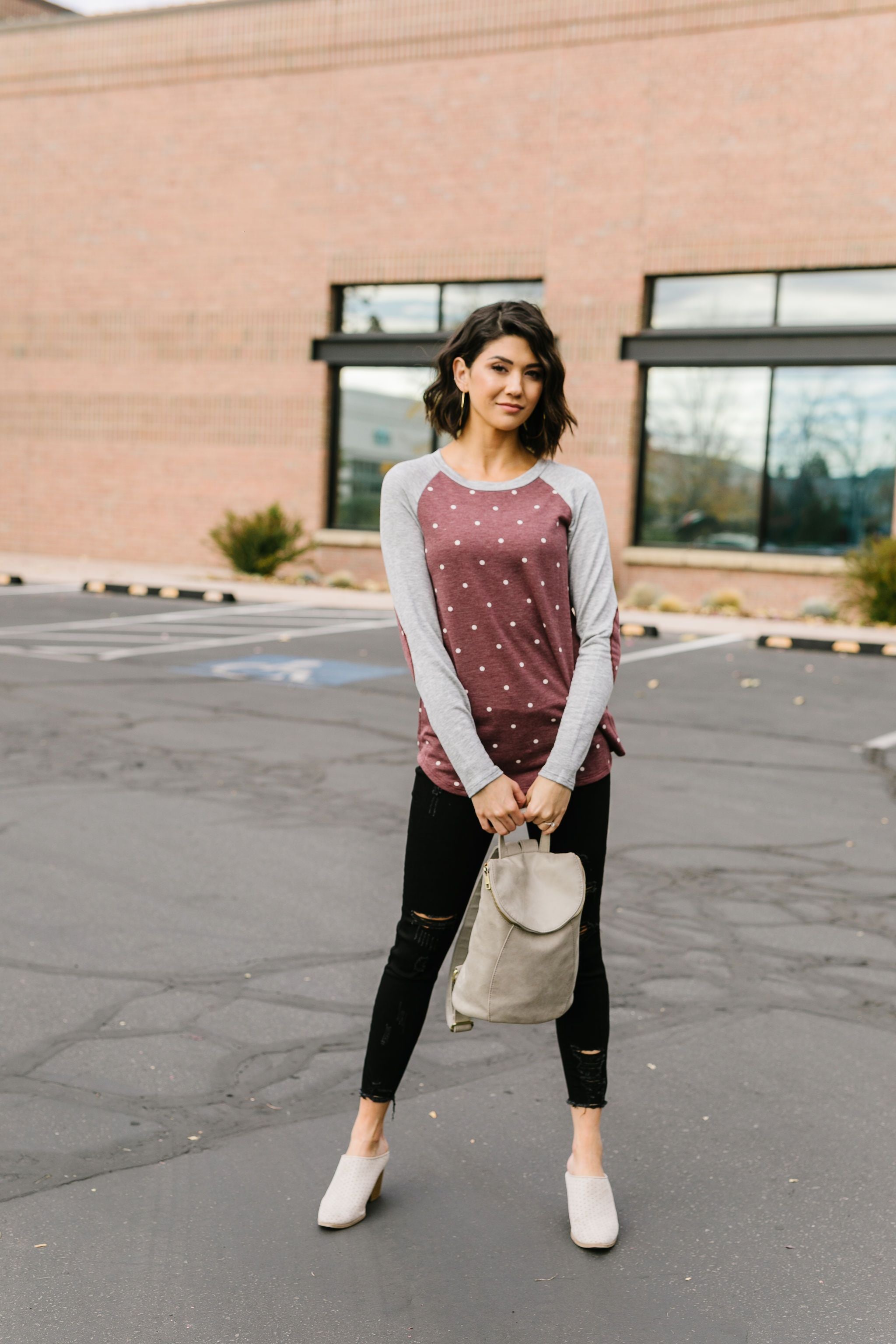 Polka Dot Elbow Patch Raglan Top