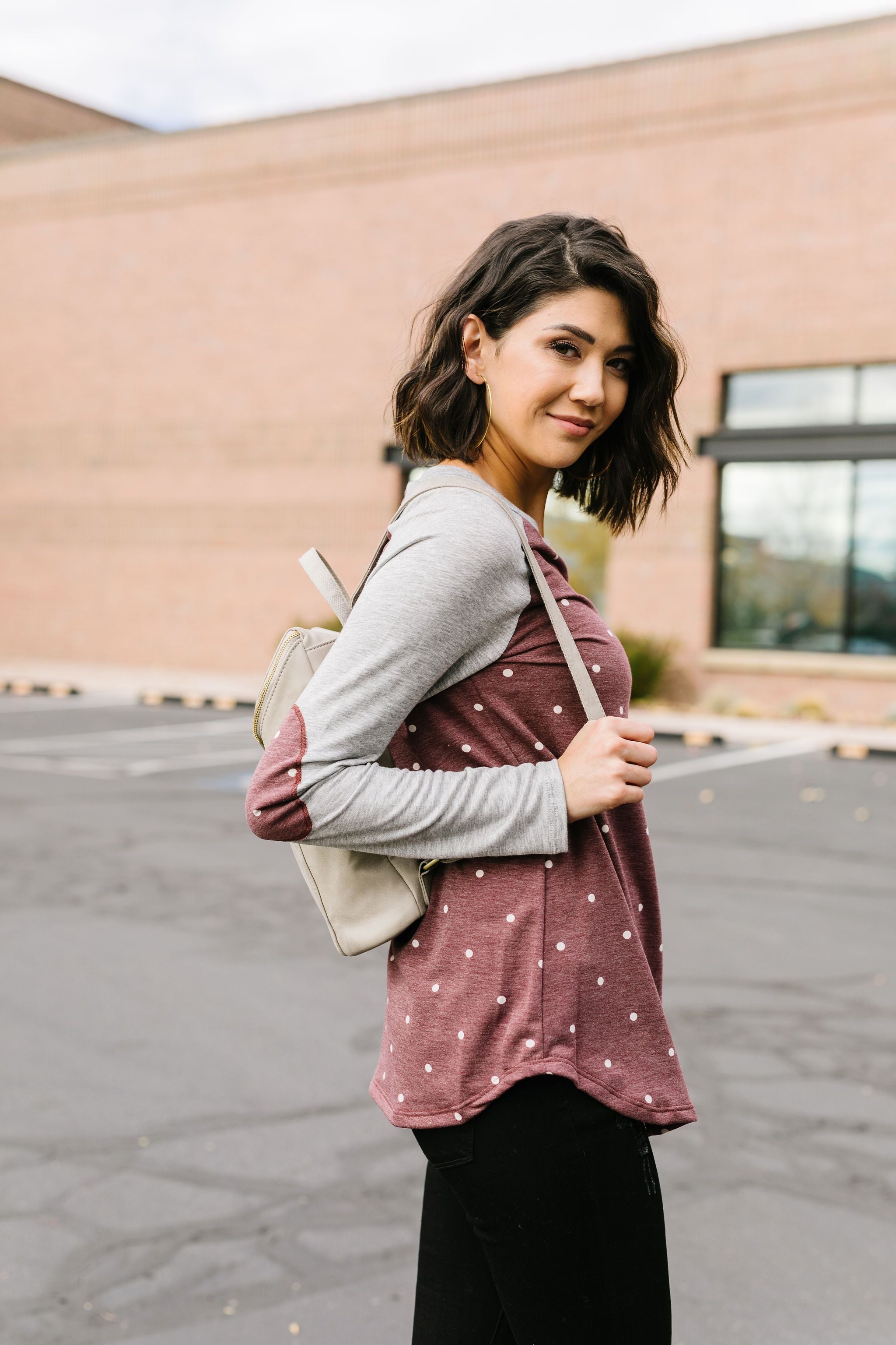 Polka Dot Elbow Patch Raglan Top