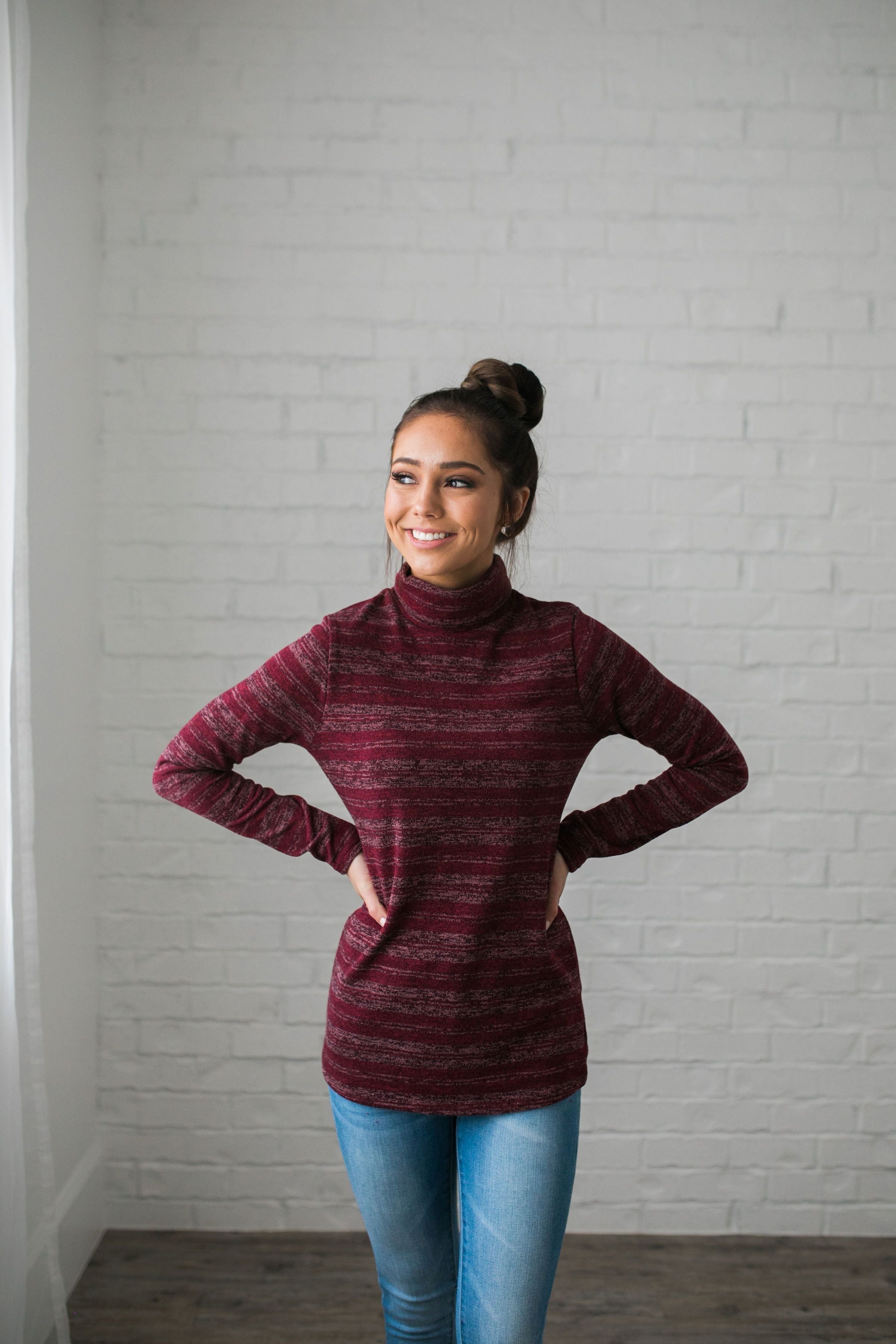 Portland Striped Turtleneck In Wine - ALL SALES FINAL