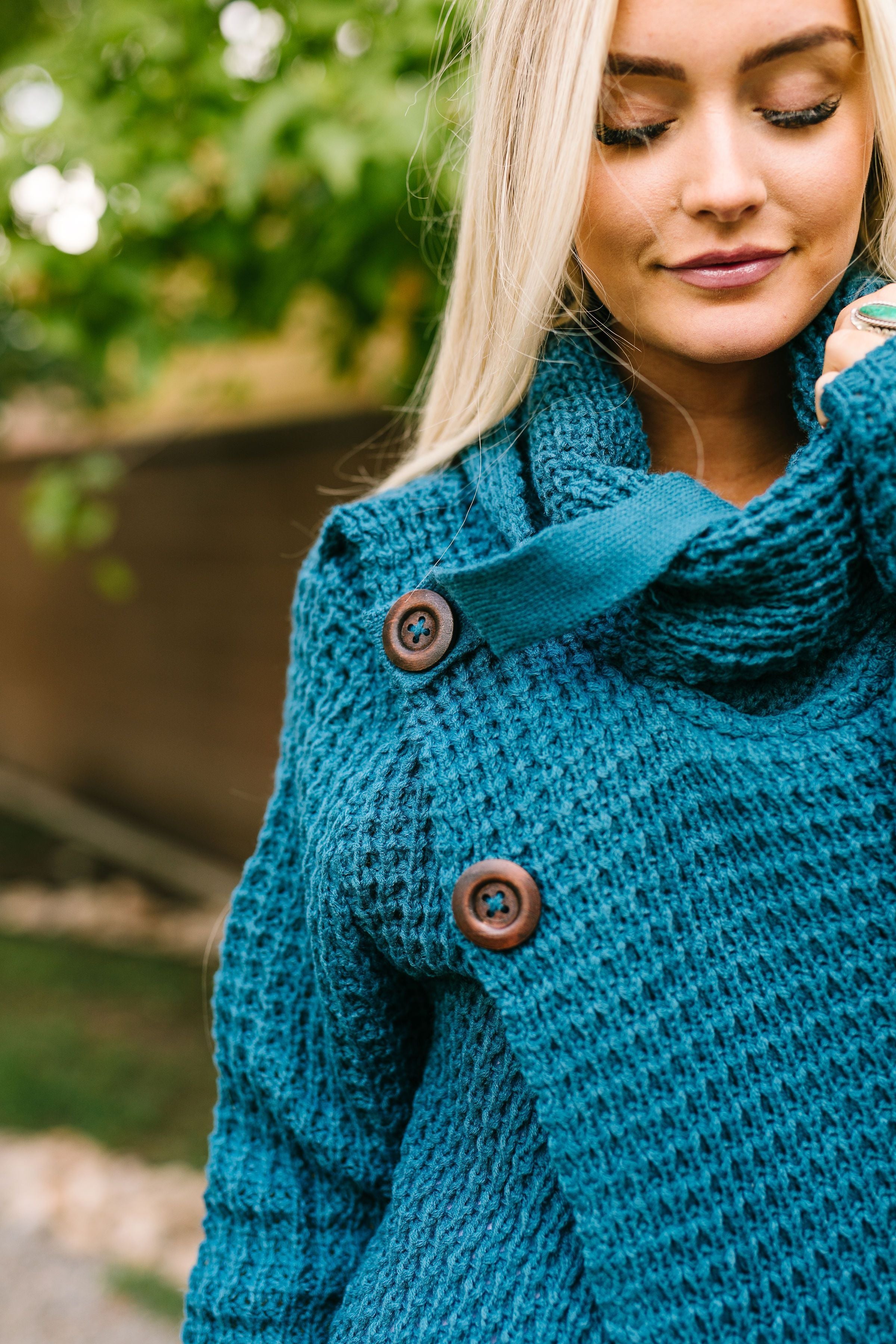 Put It On My Tab Cowl Neck Sweater In Teal