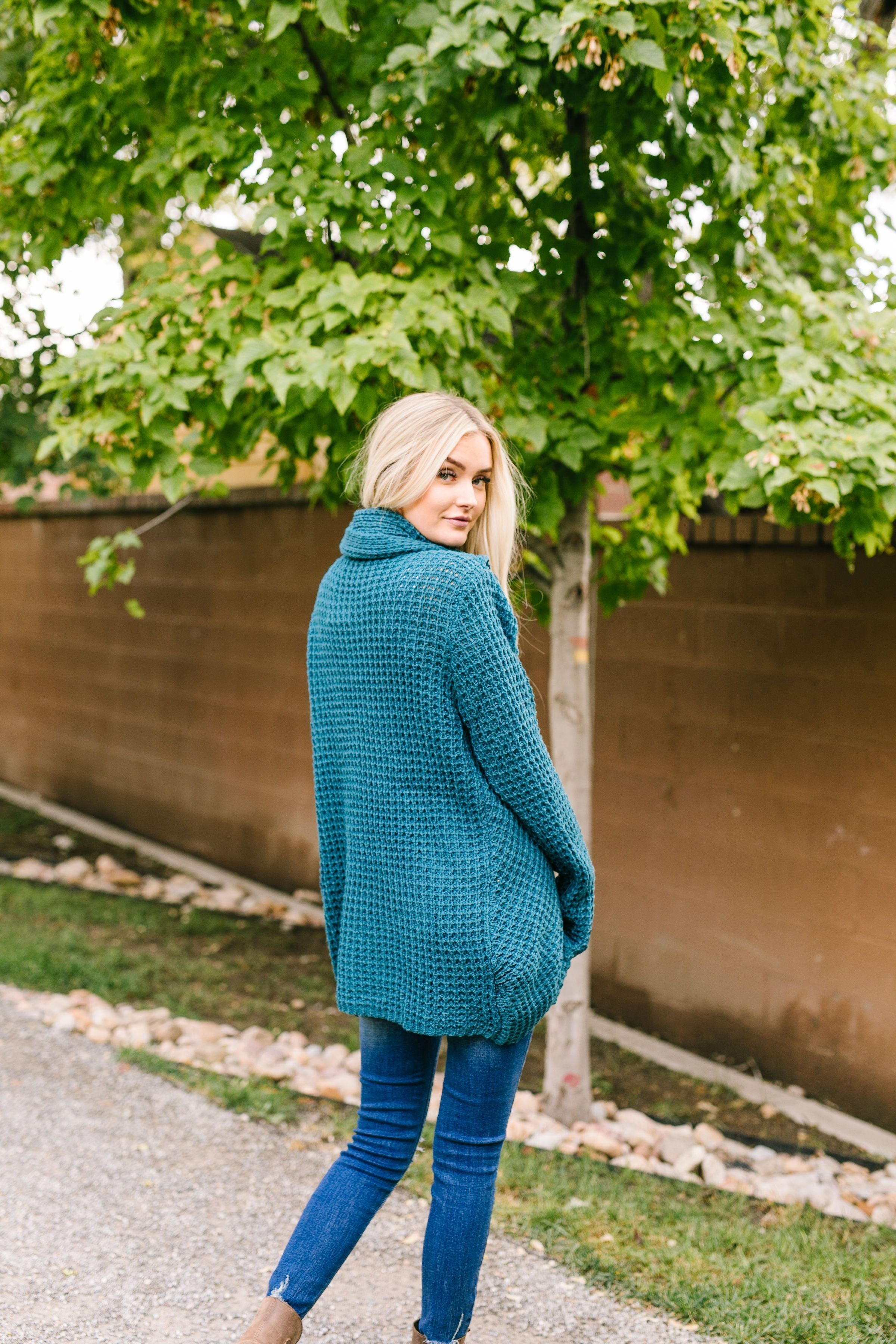 Put It On My Tab Cowl Neck Sweater In Teal