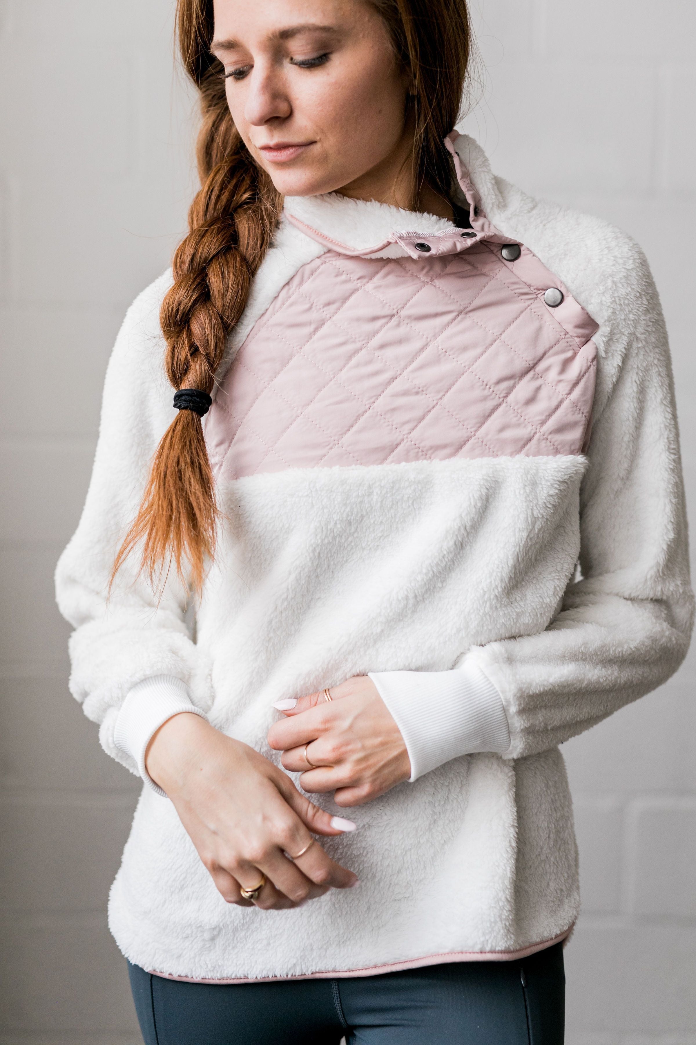 Quilted Contrast Fuzzy Pullover In Ivory + Blush