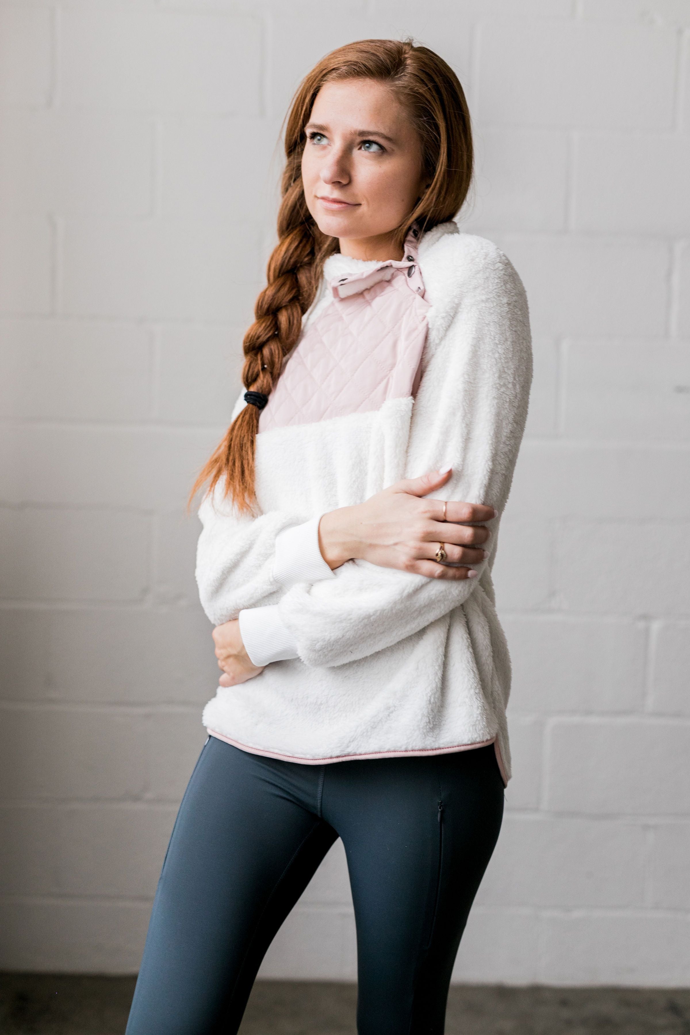 Quilted Contrast Fuzzy Pullover In Ivory + Blush