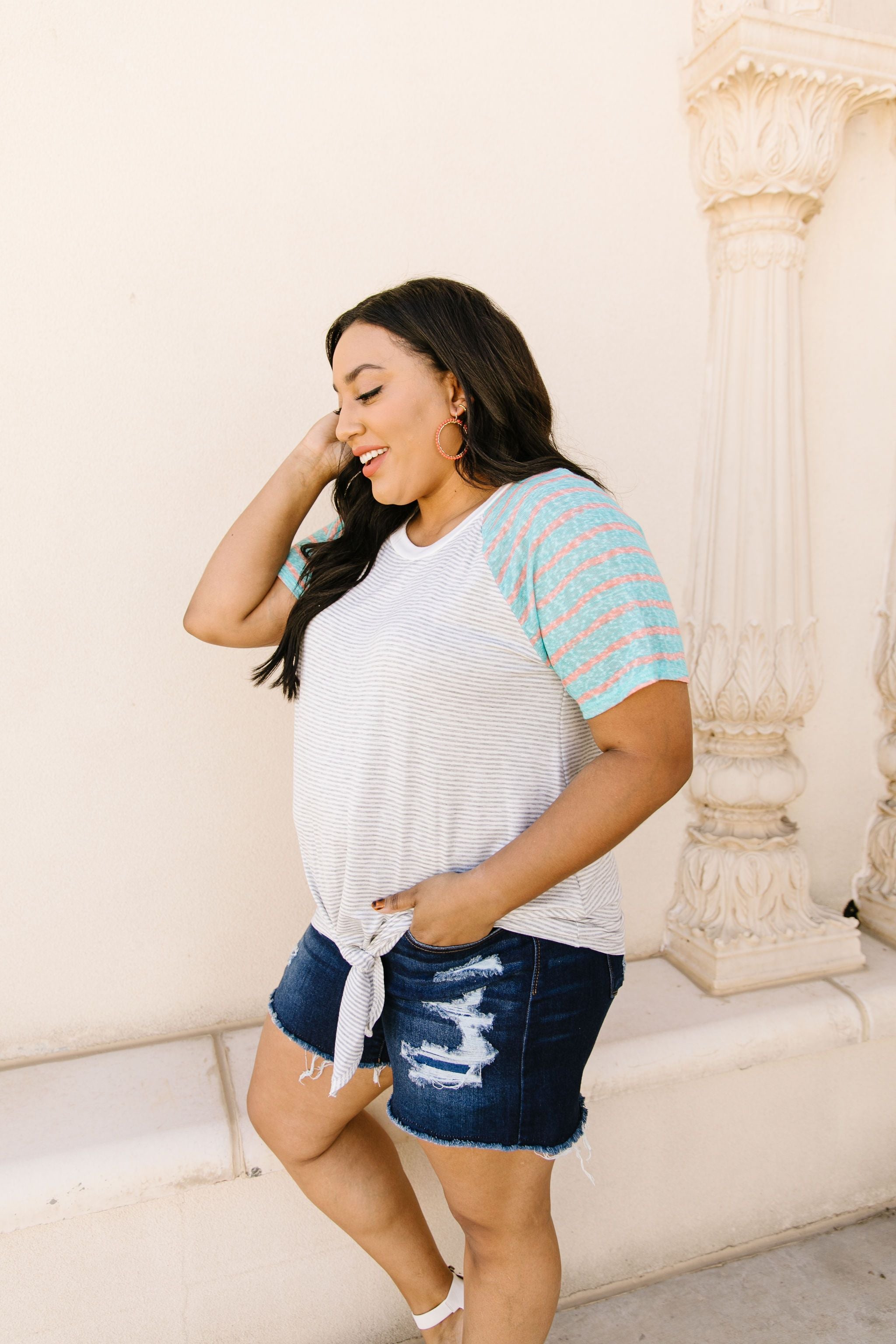 Raglan Stripes Tie Front Tee In Pale Blue