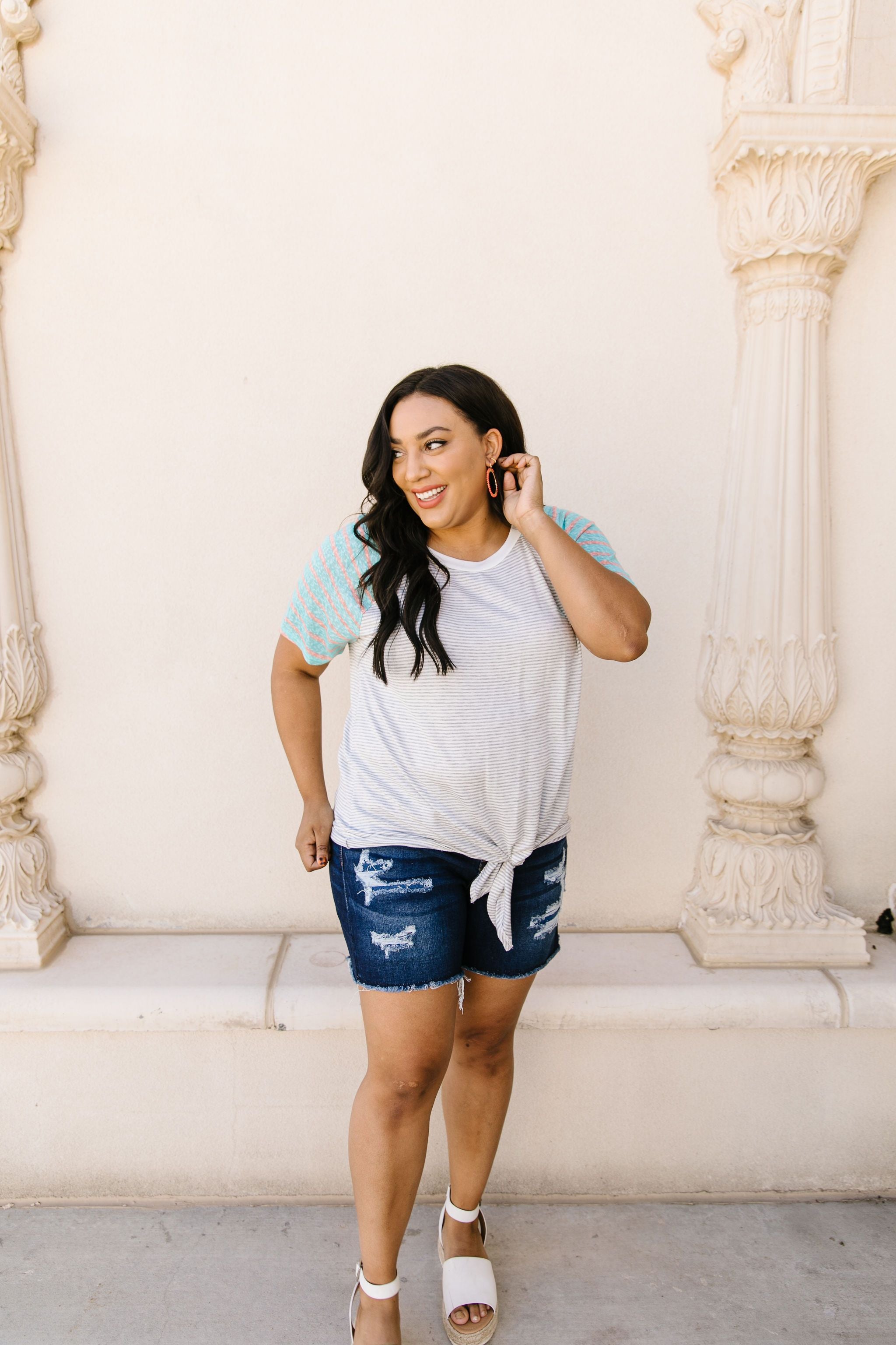 Raglan Stripes Tie Front Tee In Pale Blue