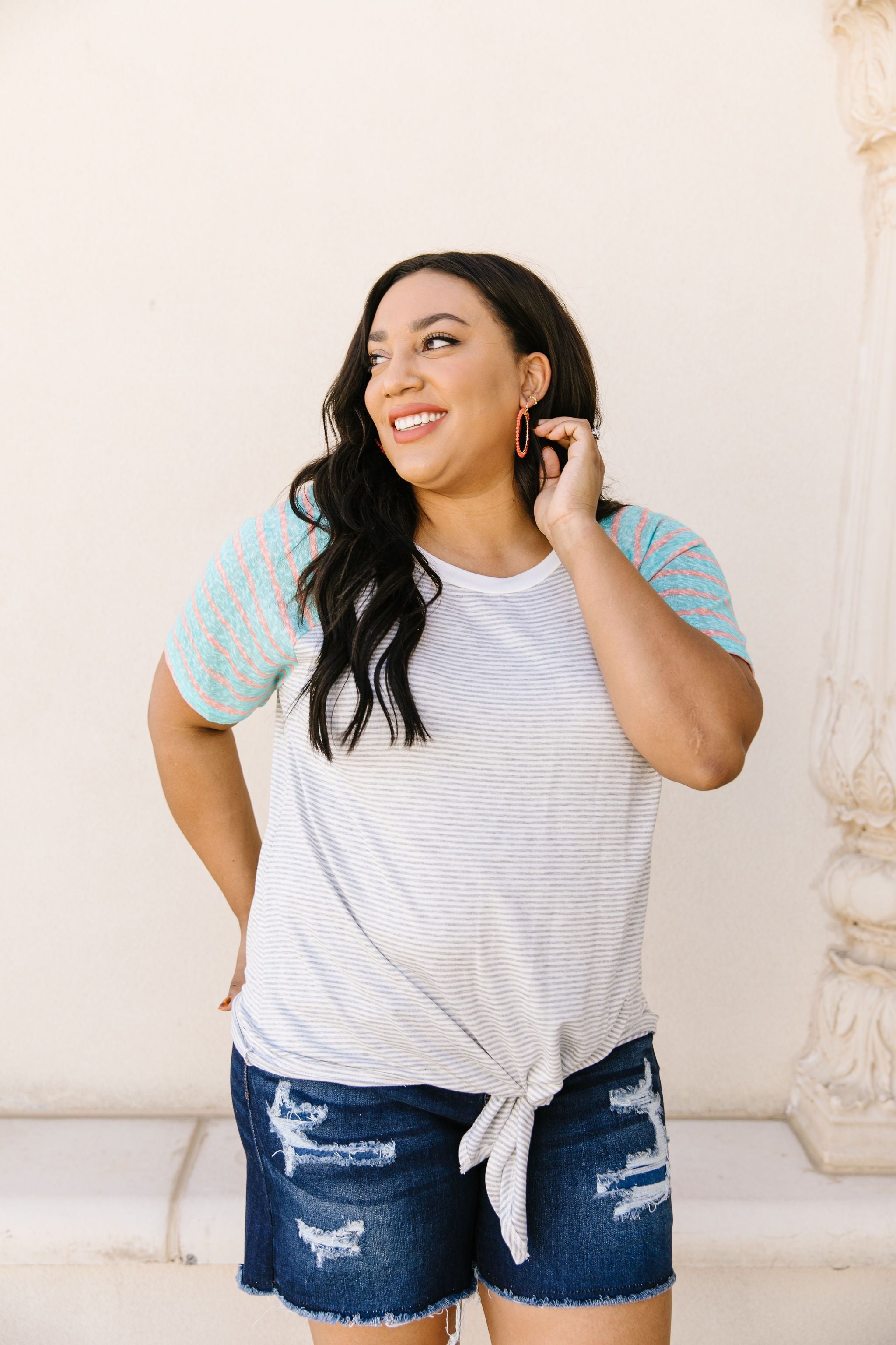 Raglan Stripes Tie Front Tee In Pale Blue